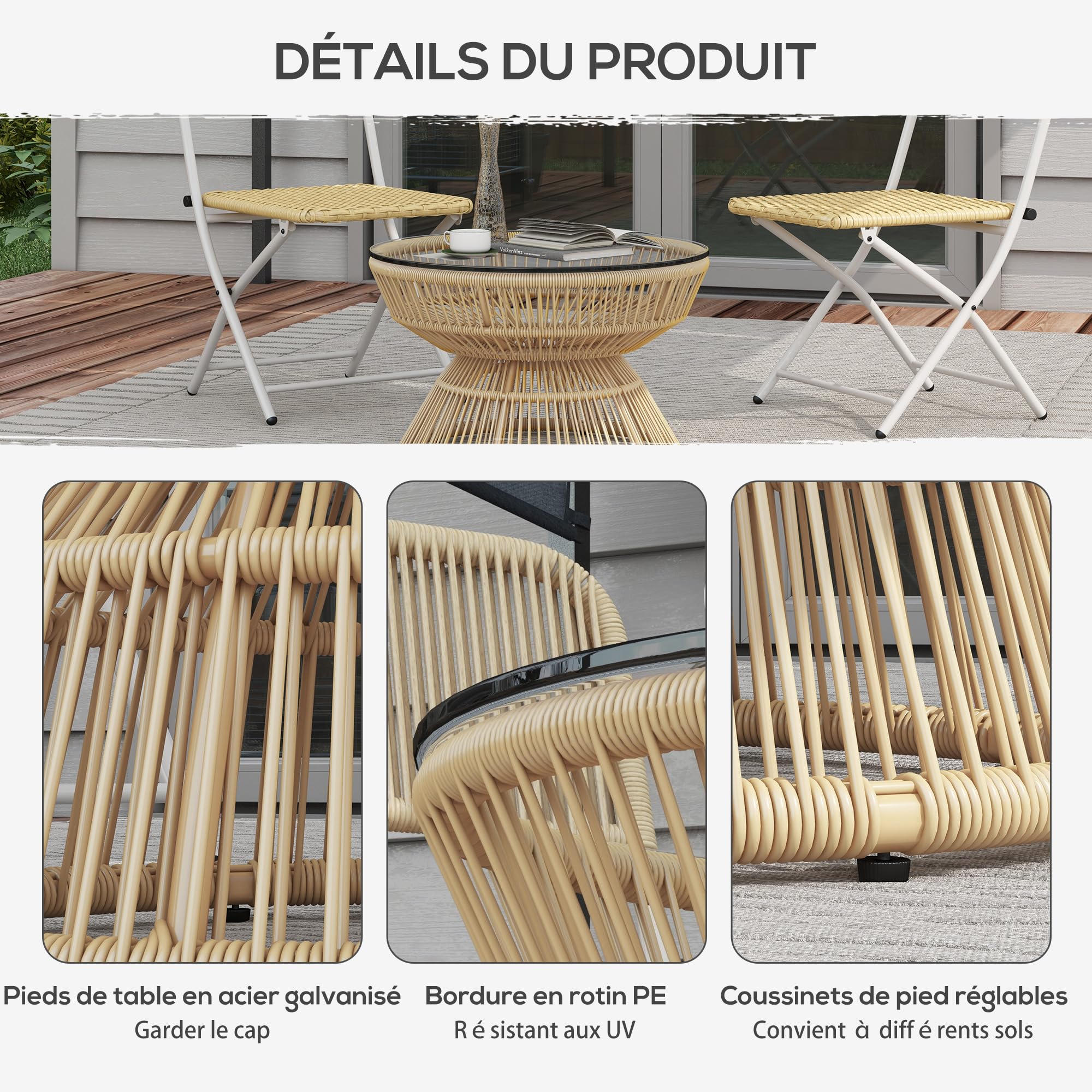 Outsunny Table Basse de Jardin Ronde, Table d'appoint en résine Aspect rotin et Plateau Verre trempé Ø60 x 37H cm Naturel
