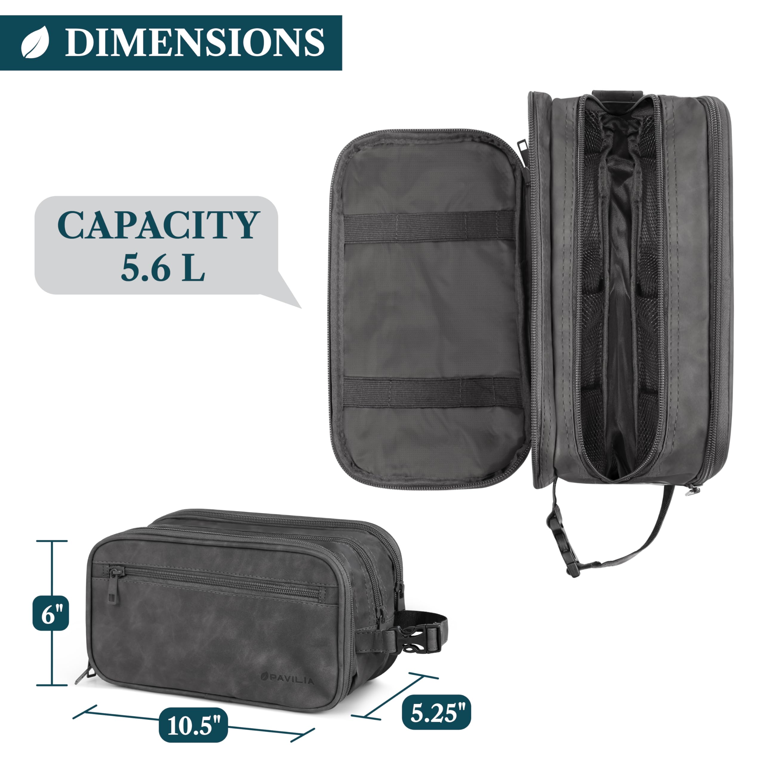 PAVILIA Kulturbeutel für Herren, Reiseutensilien, Dopp Kit, Kosmetik-Organizer, grau dunkel, Large (10.5x5.5x6), Kulturbeutel | Normale oder XL-Größe, mehrere Fächer, Reißverschlussöffnung, wasserabweisendes PU-Leder, Reise-Toilettenartikel-Schutz