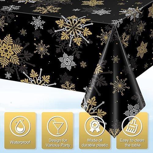 Miniatura 3 de 3 manteles de Navidad con diseño de copos de nieve, de plástico, color negro y azul, rectangular, para invierno, Navidad, Año Nuevo, decoración de