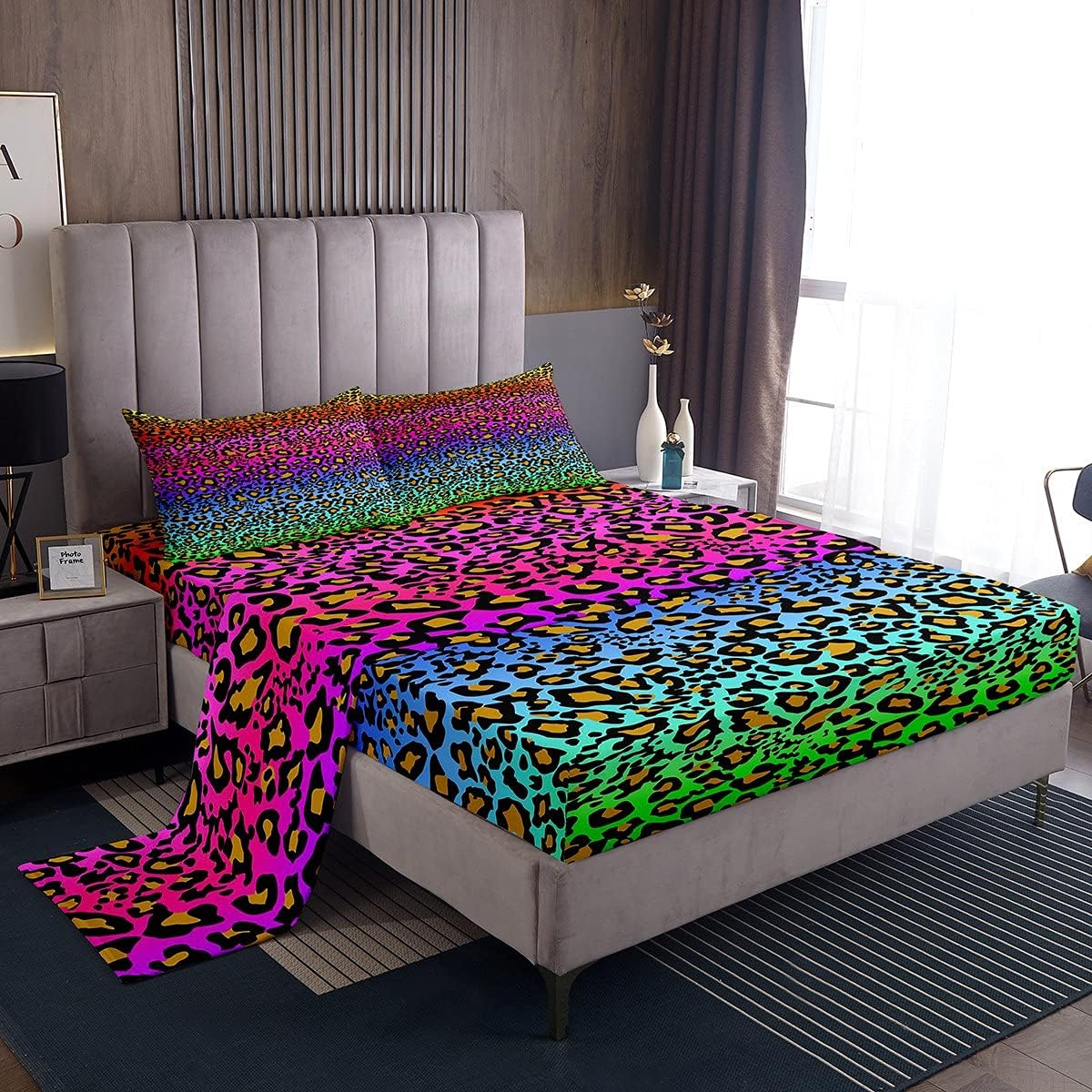 Feelyou Girls Bed Sheets Leopard Print Sheet Set Queen Luxury Colorful Cheetah Print Decor Bedding Set for Girls Daughter Bedroom Microfiber Soft and Cozy Sheets Wild Animal Theme Bed Multi