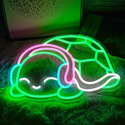 Miniatura 5 de Letrero de neón de tortuga LED, verde, blanco, rosa, luz de neón, arte de tortuga, letrero de neón regulable para dormitorio, bar, hombre, cueva,