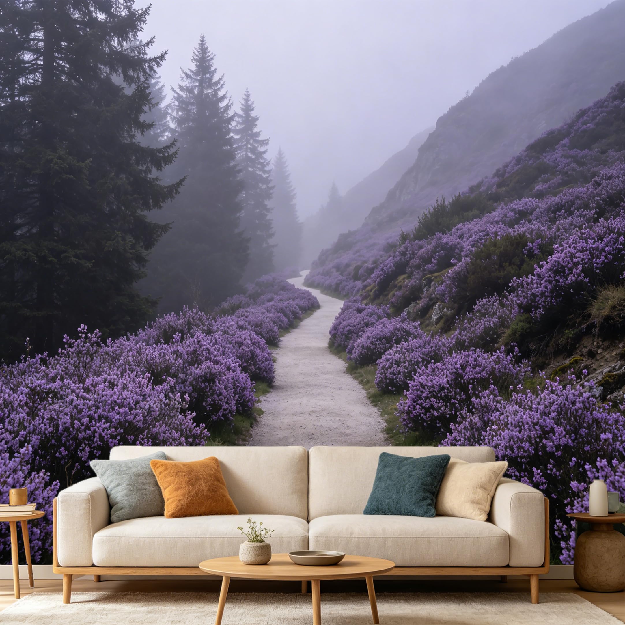 Custom Size Wall Mural Misty Mountain Path Purple Floral Landscape，SelfAdhesive Art Prints wall Fabric（No PVC） Removable Wallpaper Home Bedroom Decor