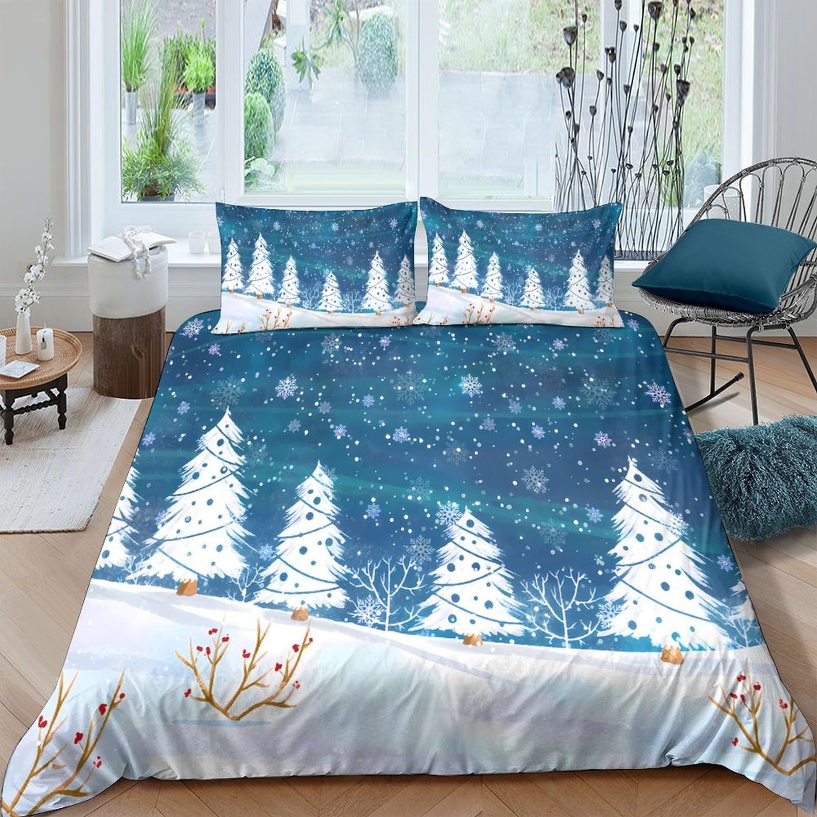 GPLZQXKJNH 3D Printed Winter Snow Pine Duvet Cover Microfiber Soft Breathable Night Forest Bedding Set with 2 Pillowcases for Bedroom Decor Single（135x200cm）