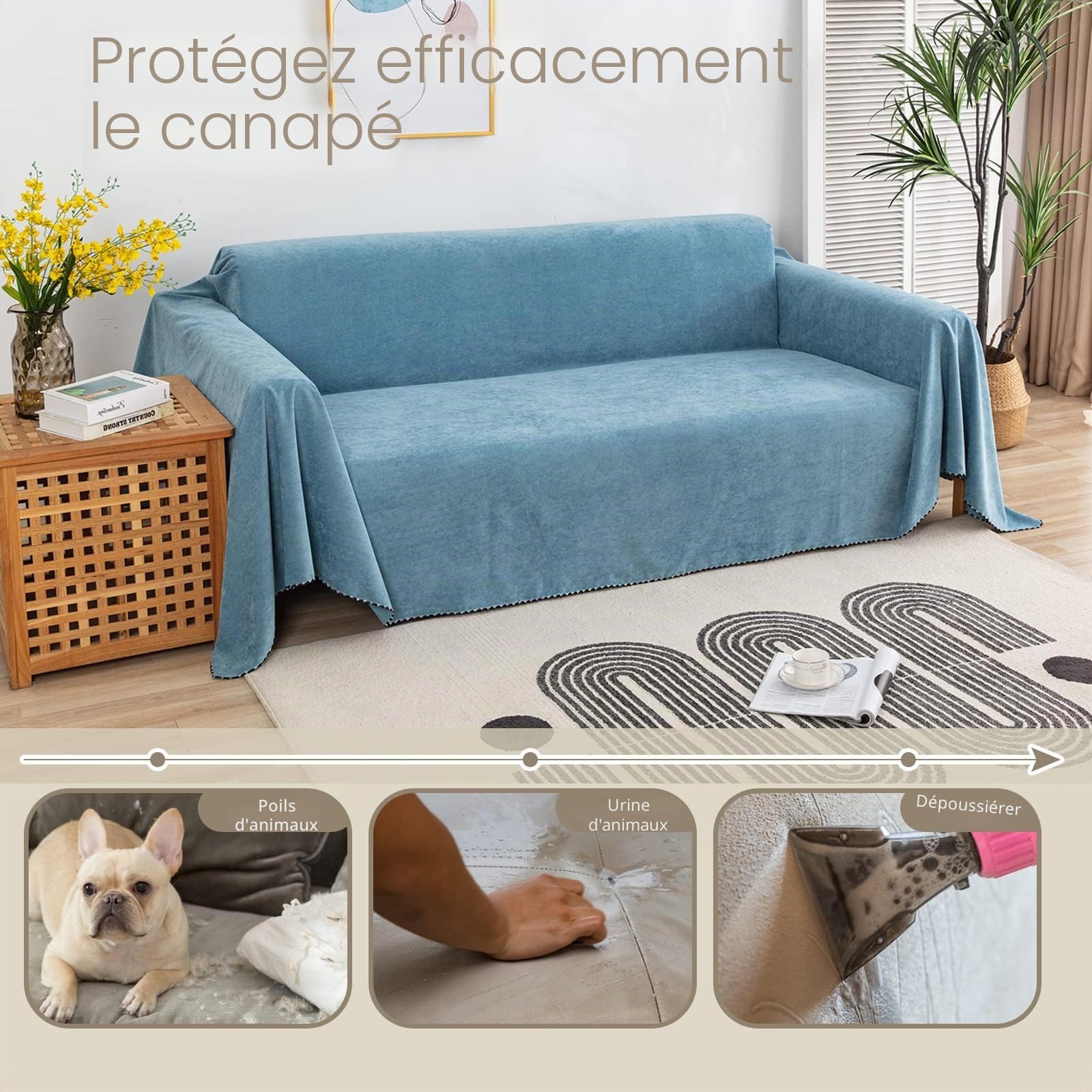Imperméable Housse de canapé Extensible Serviette de canapéAnti-poussière Canapé Couverture Lavable Protège Canapé Canapé Serviette pour Domestiques Animaux Enfants 180 * 300cm-Bleu Clair