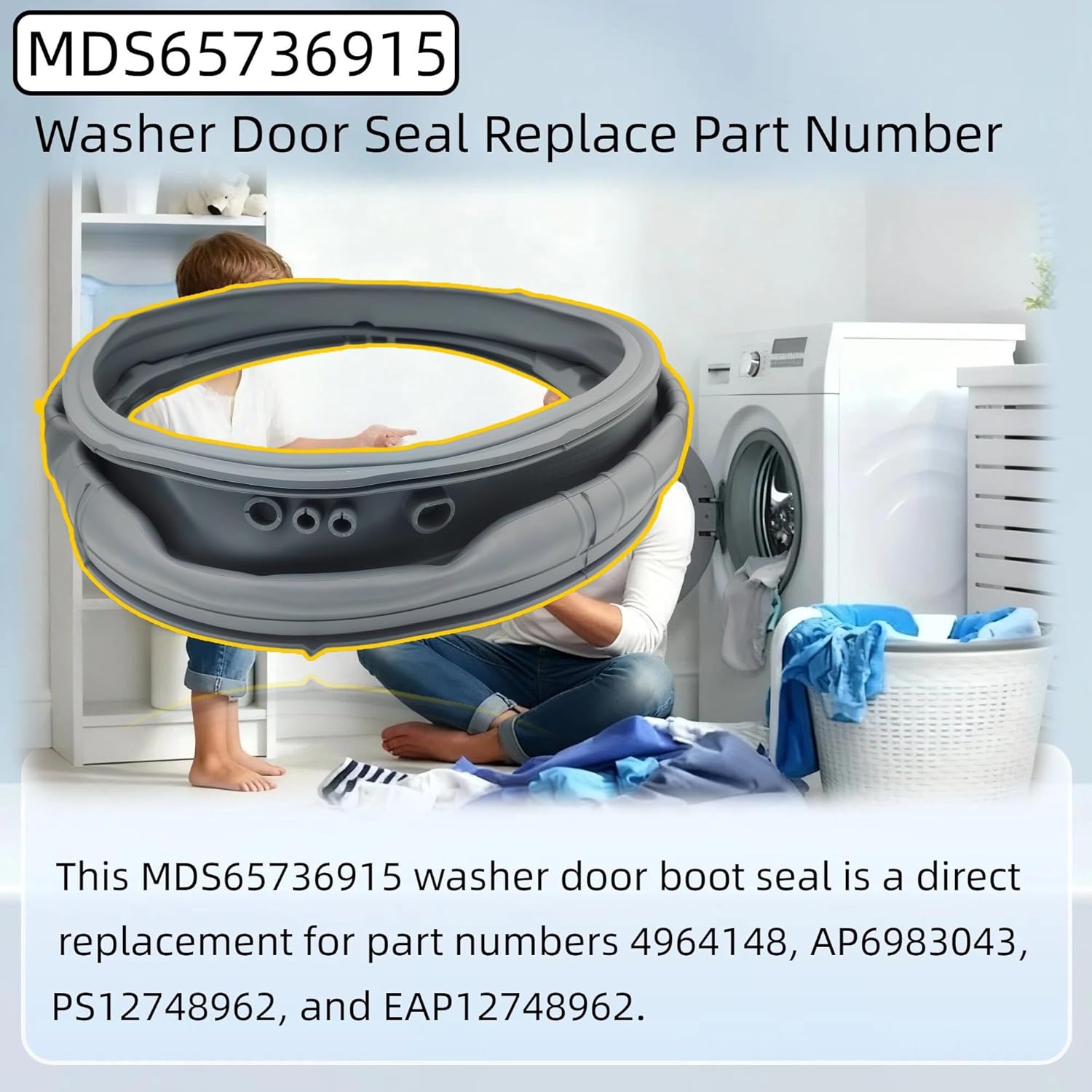 MDS65736915 Washer Door Boot Seal, Front Load Washer Door Gasket Replacement Compatible with WM3400CW WM3500CW WM3600HWA WM3700HWA WM3700HVA, Replaces 4964148 AP6983043 PS12748962