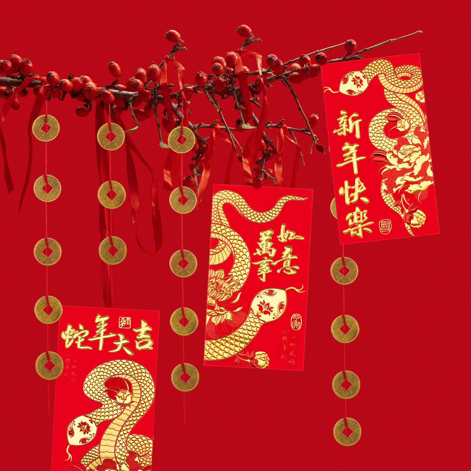 Tenare 36 Sobres de Año Nuevo Chino de Serpiente con 40 Monedas de Fortuna de Feng Shui, Sobres Rojos Chinos Paquete de Hong Bao Monedas Chinas Doradas de Suerte I Ching para Festival de Primavera