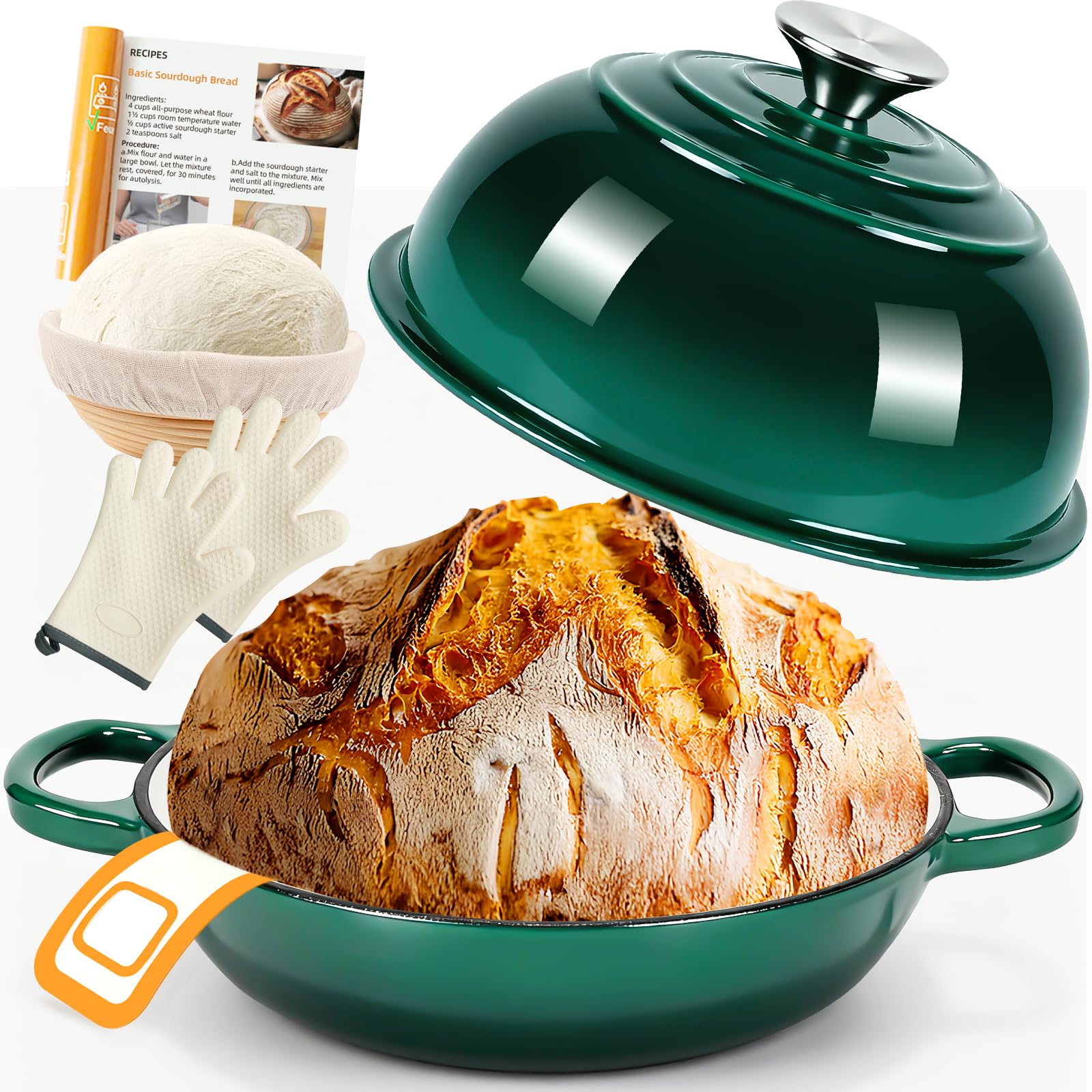 AHJ Gusseisen Topf Brot Backen, 5,7L Brotbacktopf mit Gärkorb & Silikonmatte,Emaille Dutch Oven 26cm für Sauerteig Brot, Bräter Schmortopf für Backen Schmoren & Braten,Geschenk für Brotbäcker (Grün)