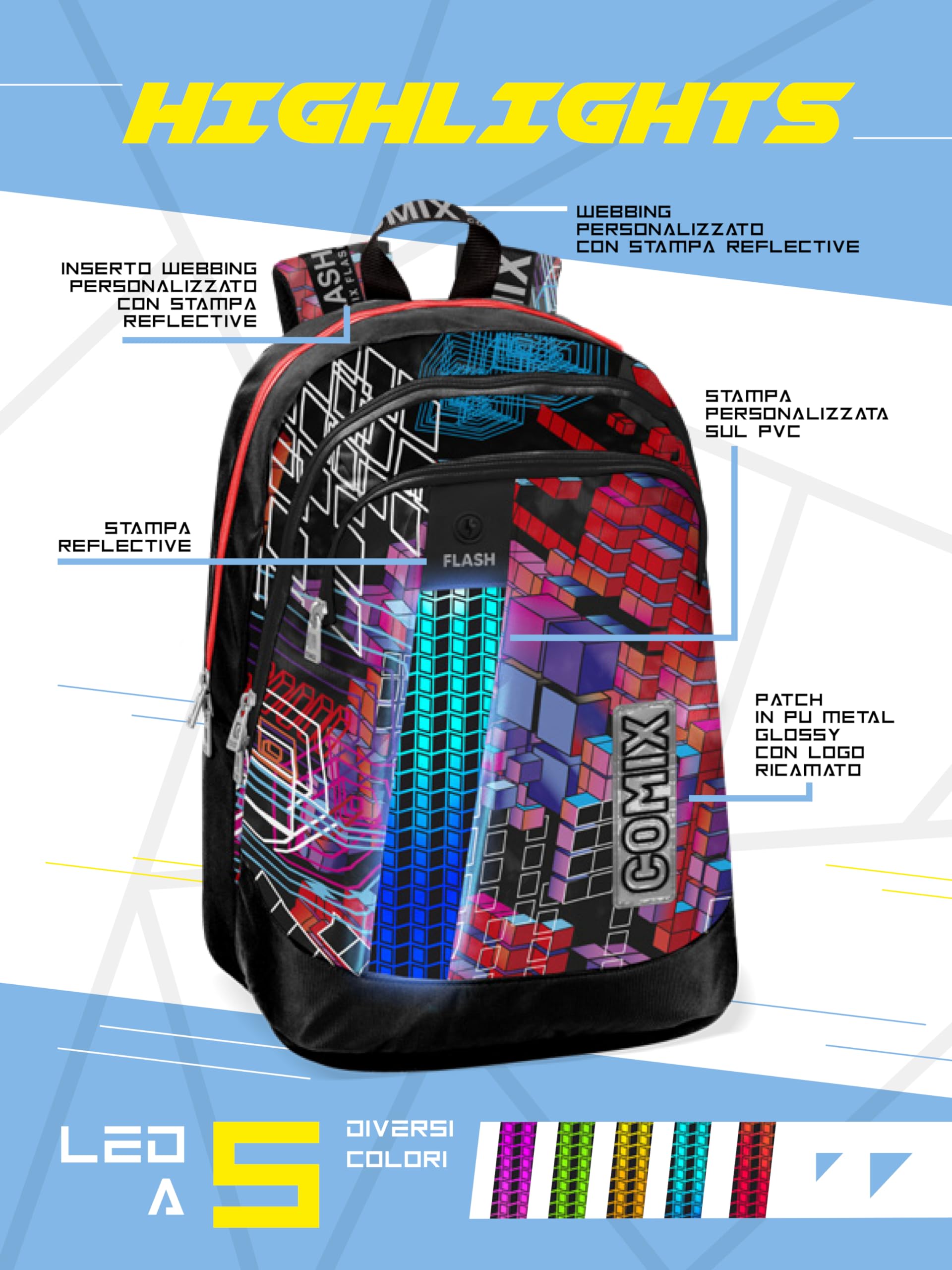 COMIX FLASH - Zaino Organizzato Scuola Media, Superiore e Elementare con 2 Ampi Spazi Centrali e Spallacci Regolabili, Vano Frontale a Zip e Tasche Laterali, Nero/Giallo - 32x43Hx23, 31 L