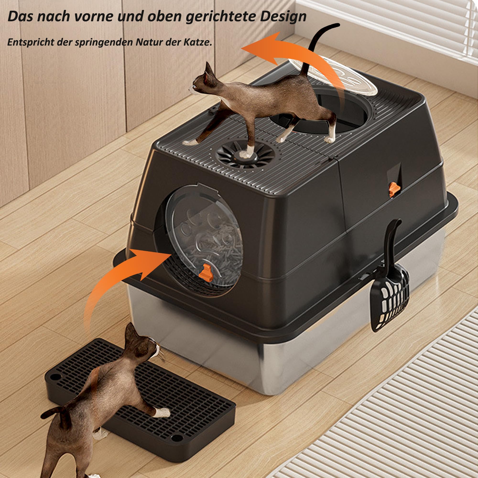 CALIYO Katzentoilette, Katzenklo Edelstahl mit Deckel, 3 in 1 Cat Litter Box, Katzenklo mit Schaufel & Pedal, Katzentoilette Geschlossen für Katzen bis 15 kg, Auslaufsichere (Schwarz,60 x 40 x 44 cm)