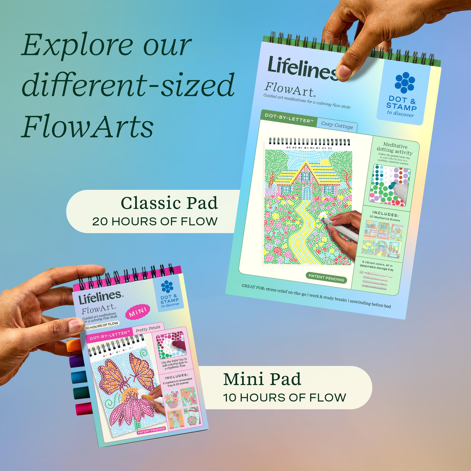 Lifelines FlowArt - Blocco per attività artistiche, 3 pezzi, libri da colorare per meditazione artistica guidata | 12 pennarelli bifacciali, 60 scene – meditazioni guidate a puntini per adolescenti, adulti e anziani – in attesa di brevetto