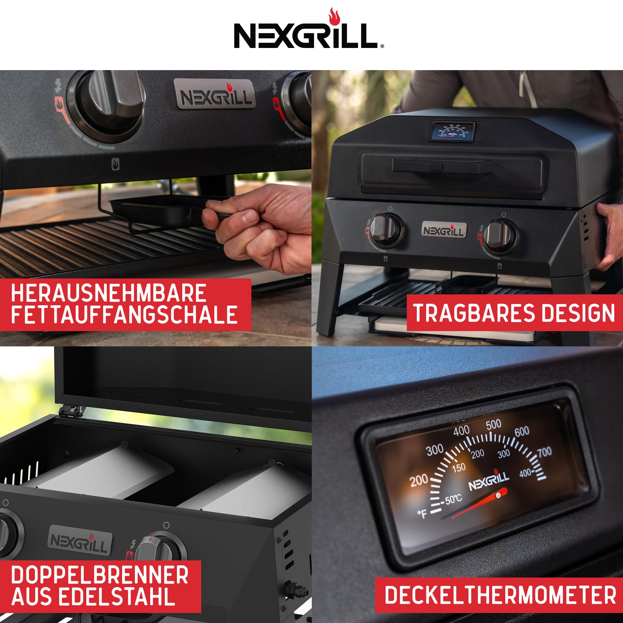Nexgrill 4-in-1 Gasgrill/Tischgrill mit 2 Brennern, Pizzaofen-Funktion, Cordierit-Pizzastein & Wende-Grillplatte – Kompakter Outdoorgrill aus Stahl mit Stauraum für Zubehör