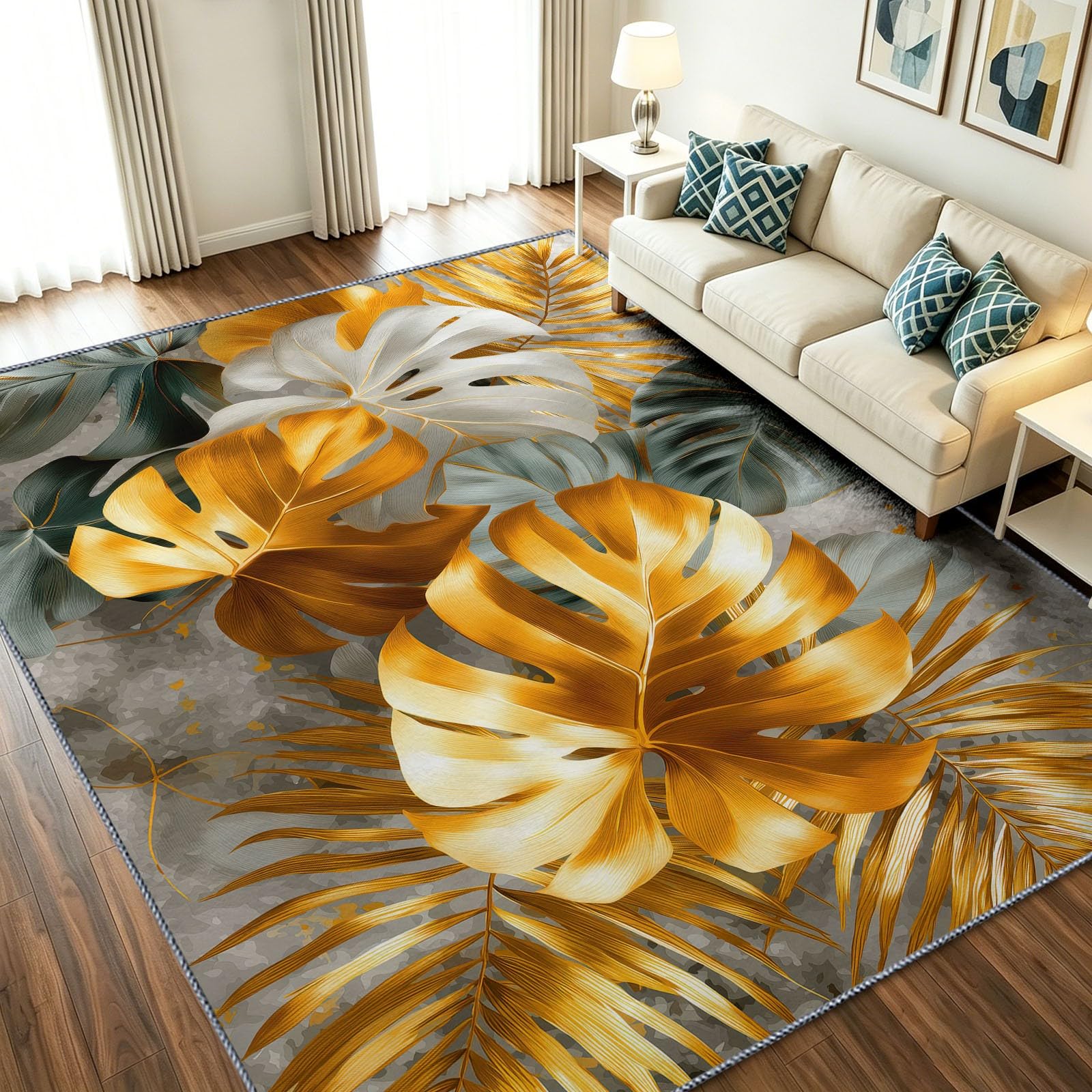 Tapis de salon tropical monstera doré pour chambre et cuisine poils ras