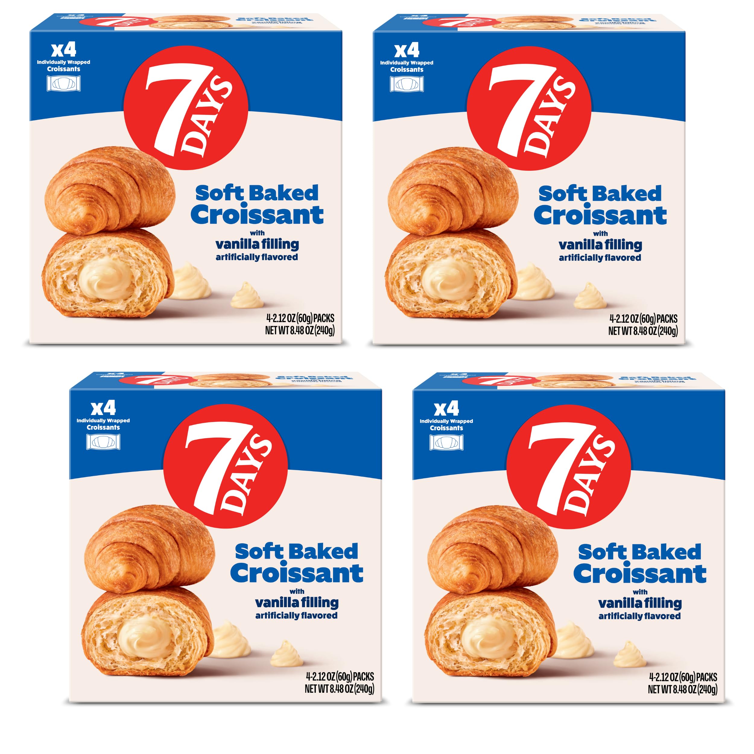 7Days Soft Croissant Multipacks (16 Pack), Vanilla, 4 Boxes, Non-GMO Breakfast Pastry (2.12oz, Pack of 16)