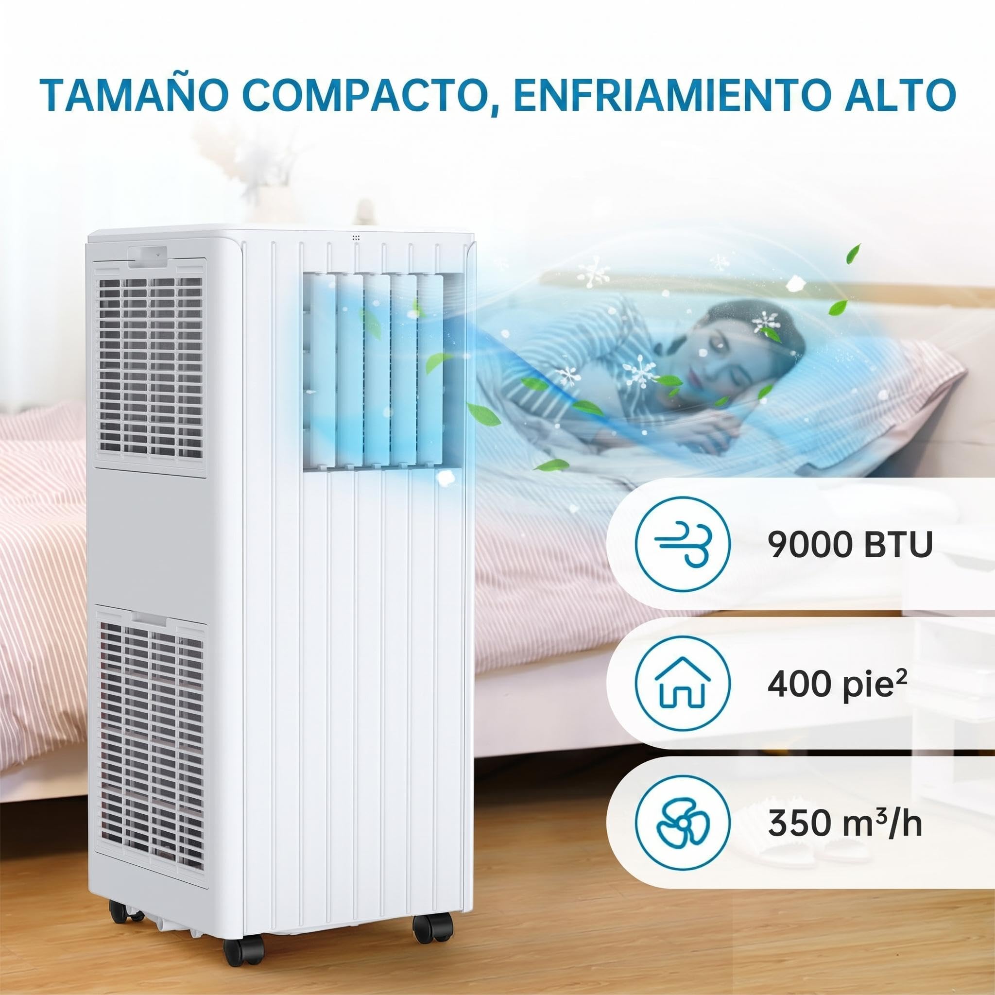 Aire acondicionado portátil 9000BTU - 2.6KW/9000 frigorías - Bajo consumo energético - Pantalla LED, 4 modos, 2 velocidades de ventilador(con mando a distancia) - 25-28 m² - temporizador de 24 horas