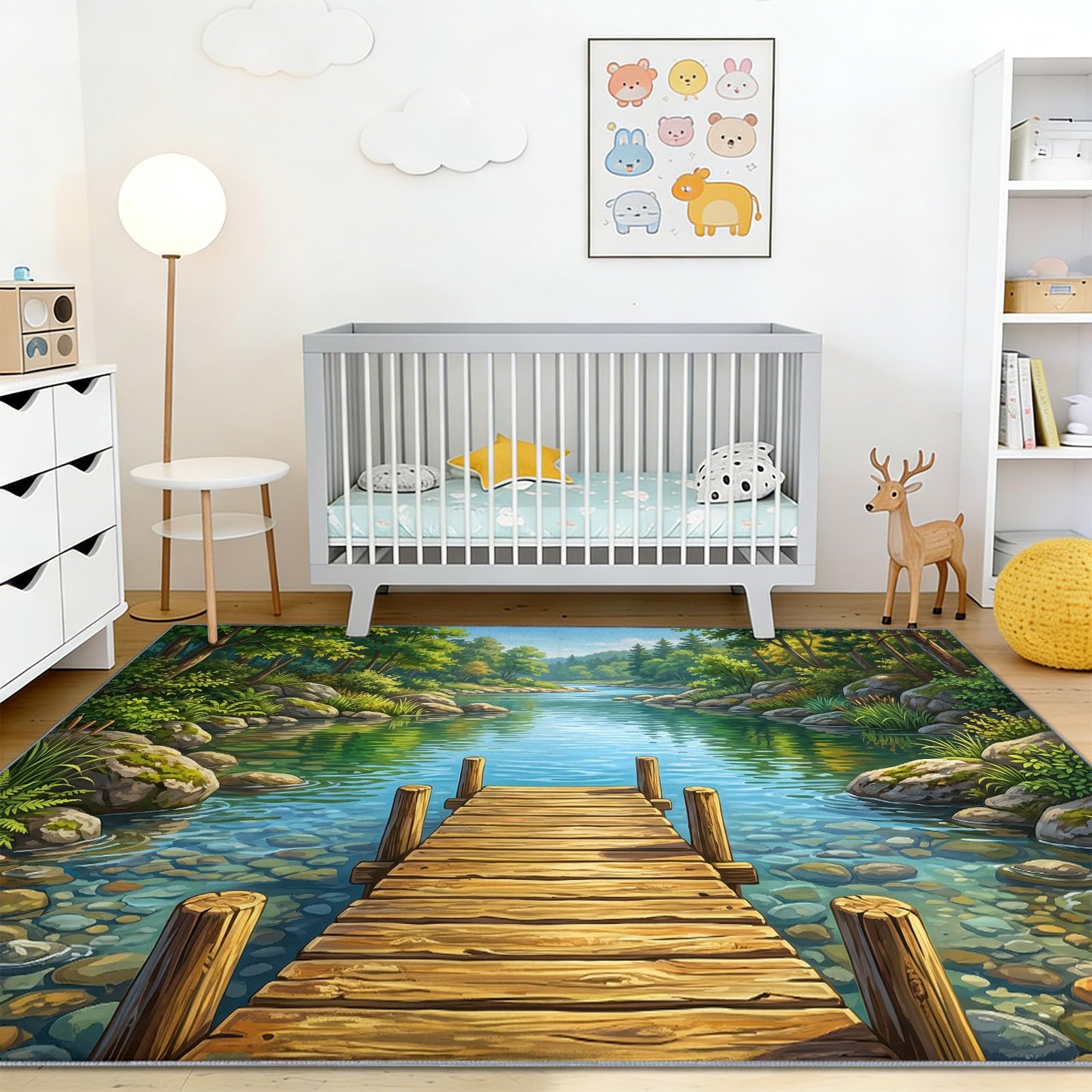 Paysage Naturel Tapis Salon - Lavable Tapis Imprimé, Passerelle Bois Rivière Végétation - Doux Moquette pour Chambre, Tapis Descente De Lit Antidérapant, Salle à Manger - Vert 140 x 200 cm