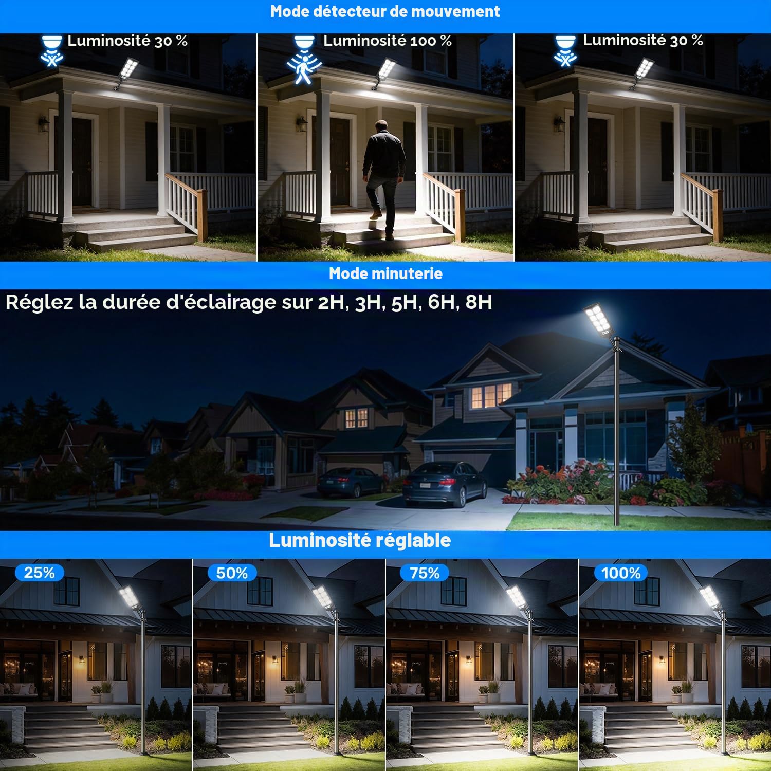 Lampadaire Solaire Extérieur LED 6500K avec Détecteur de Mouvement, IP65 Étanche Projecteur Solaire Lampadaire de Jardin Spot Solaire Éclairage Lumières de Sécurité avec Télécommande (lot de 4)