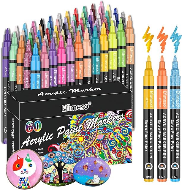 Efimeso Acrylic Paint Pens, 60 Colors Permanent Paint Art Markers for Rock Painting, Stone, Ceramic, Glass, Wood, Metal, Fabric, CanvasPebbles,Water-Based Acrylic Pens Extra-Fine Tip 0.7mm