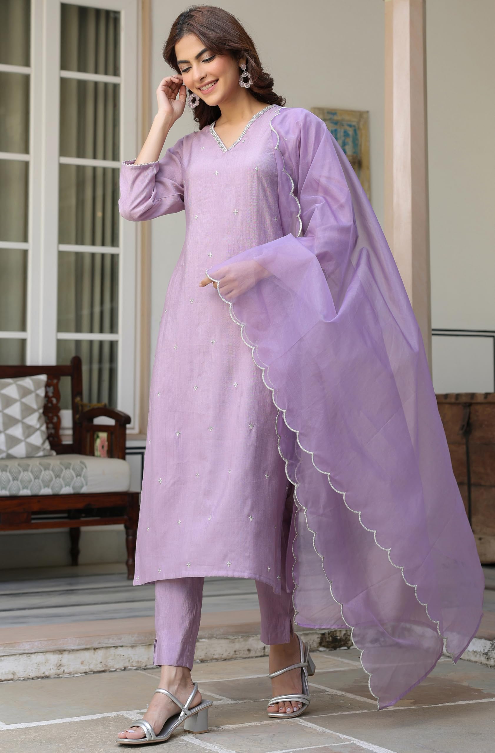 Janasya Women's Lavender Chinon Embellished Kurta with Pant and Dupatta Set product image 7