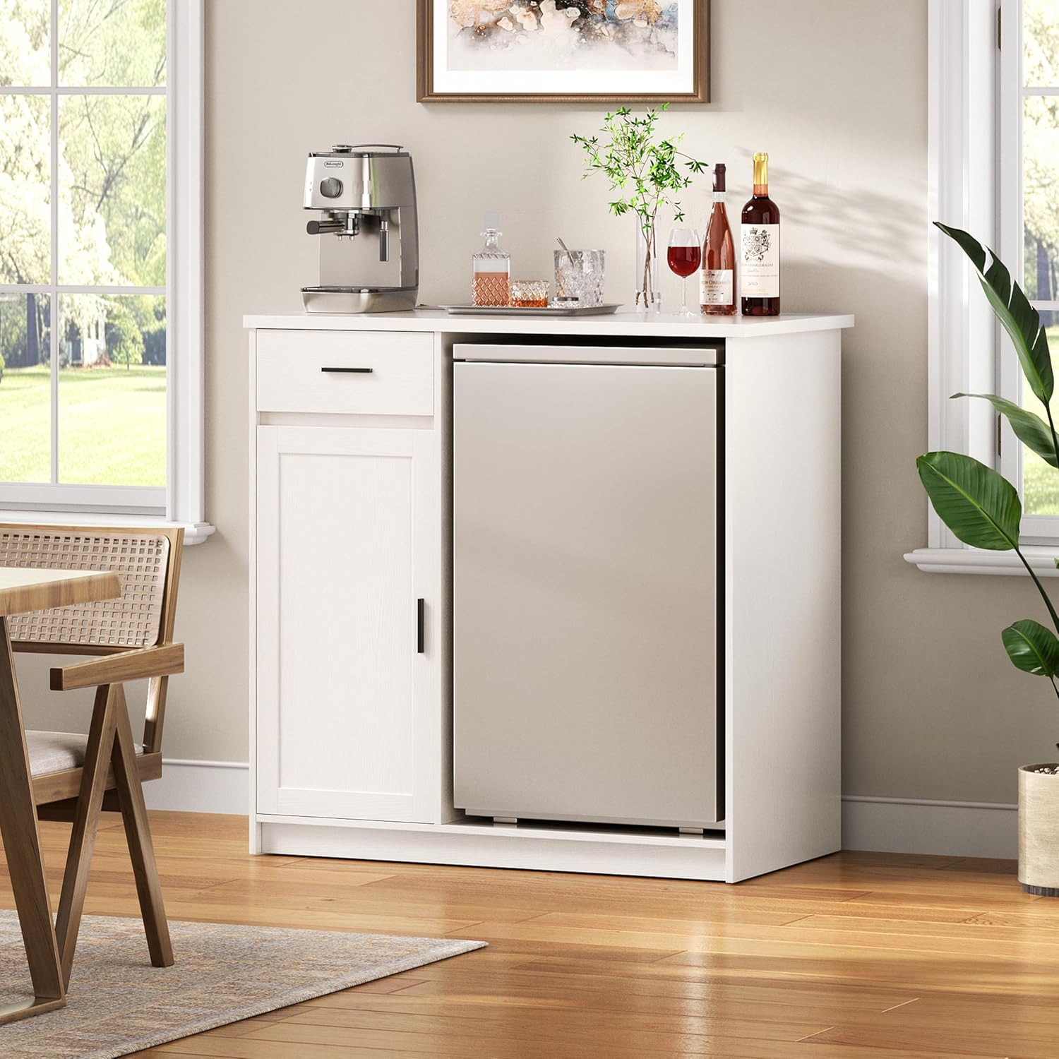 Mini Fridge Cabinet,Coffee Bar Cabinet with Fridge Space & Wine Storage with Outlets,Fits 24" Fridge,Mini Fridge Stand,Buffet Sideboard Table Wine Cabinet for Kitchen Dining Room White KH05MRW
