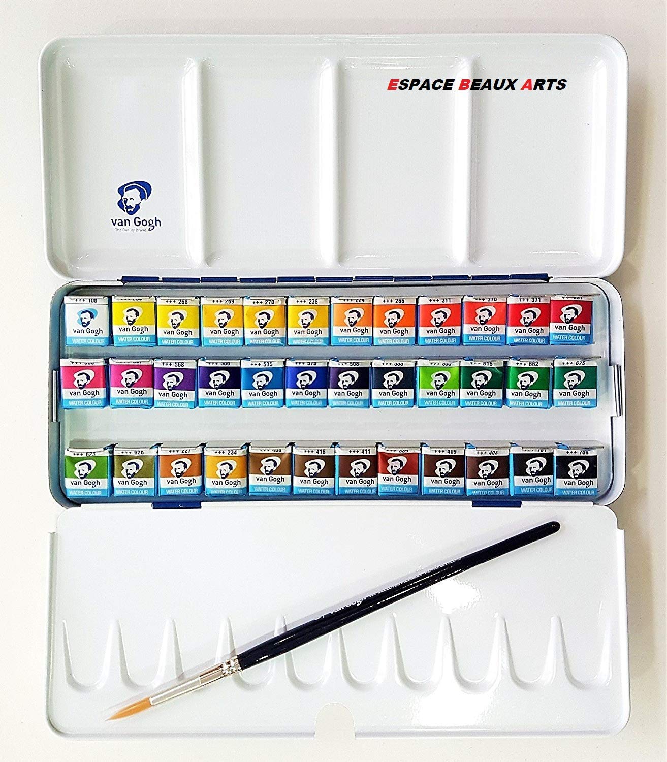 36 Näpfchen Feine Van Gogh Künstler Aquarellfarben im Metall Aquarellkasten incl. Pinsel und Mischpalette Geschenkset und Papierwischer
