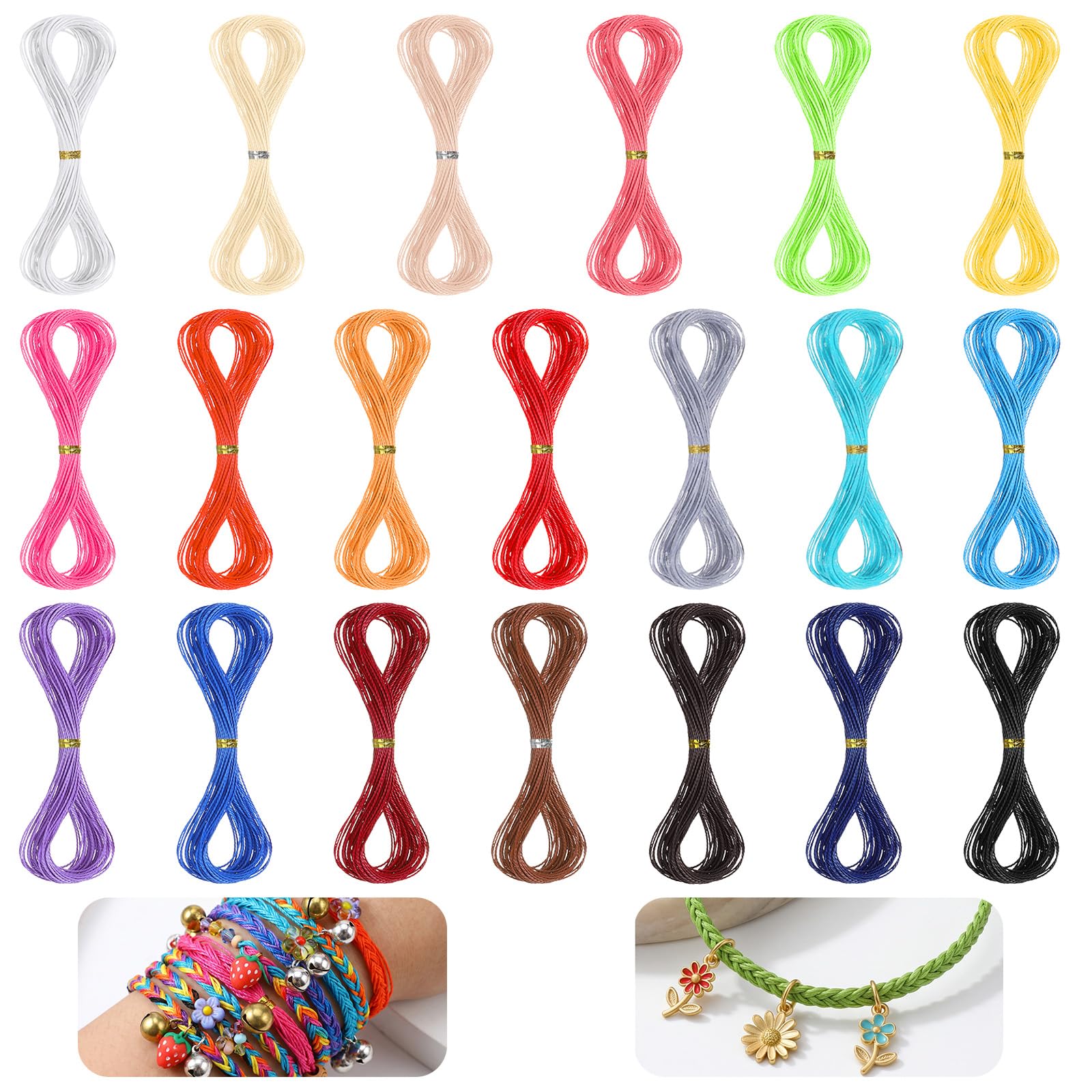 HJZHII 20 Colors 1mm Waxed Cord, Colourful Waxed Thread Waxed Polyester Cord Nylon Thread for Jewellery Making, Bracelet Cords for Handmade Craft Silk Beading Strings for Leather Sewing