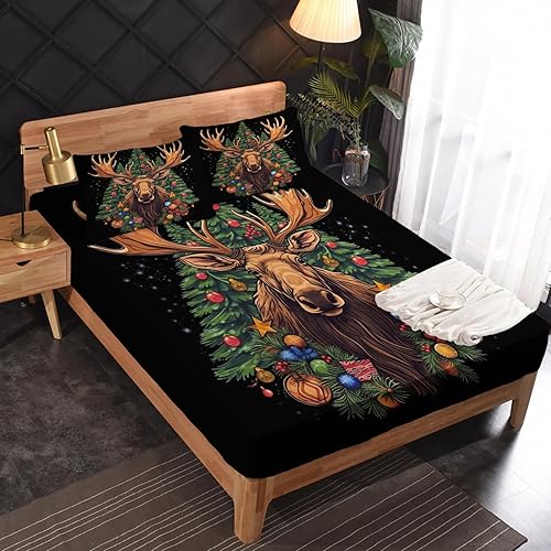 Miniatura 3 de Sábanas de ciervo tamaño Queen  Sábanas y fundas de almohada para árbol de Navidad  100% microfibra, estampado de alta cantidad de hilos, sábana