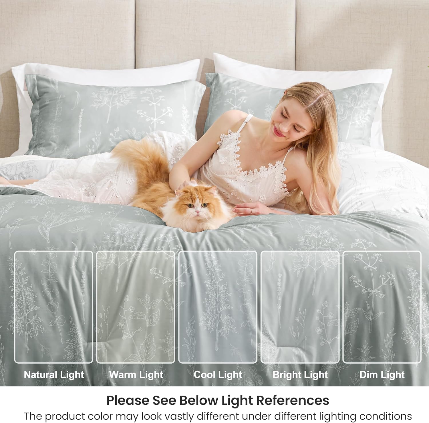 Love's cabin Grey Queen Comforter Set - Queen Size Comforter Set, 3 Pieces Cute Floral Bedding Sets for All Seasons,1 Soft Reversible Botanical Flowers Comforter and 2 Pillow Shams
