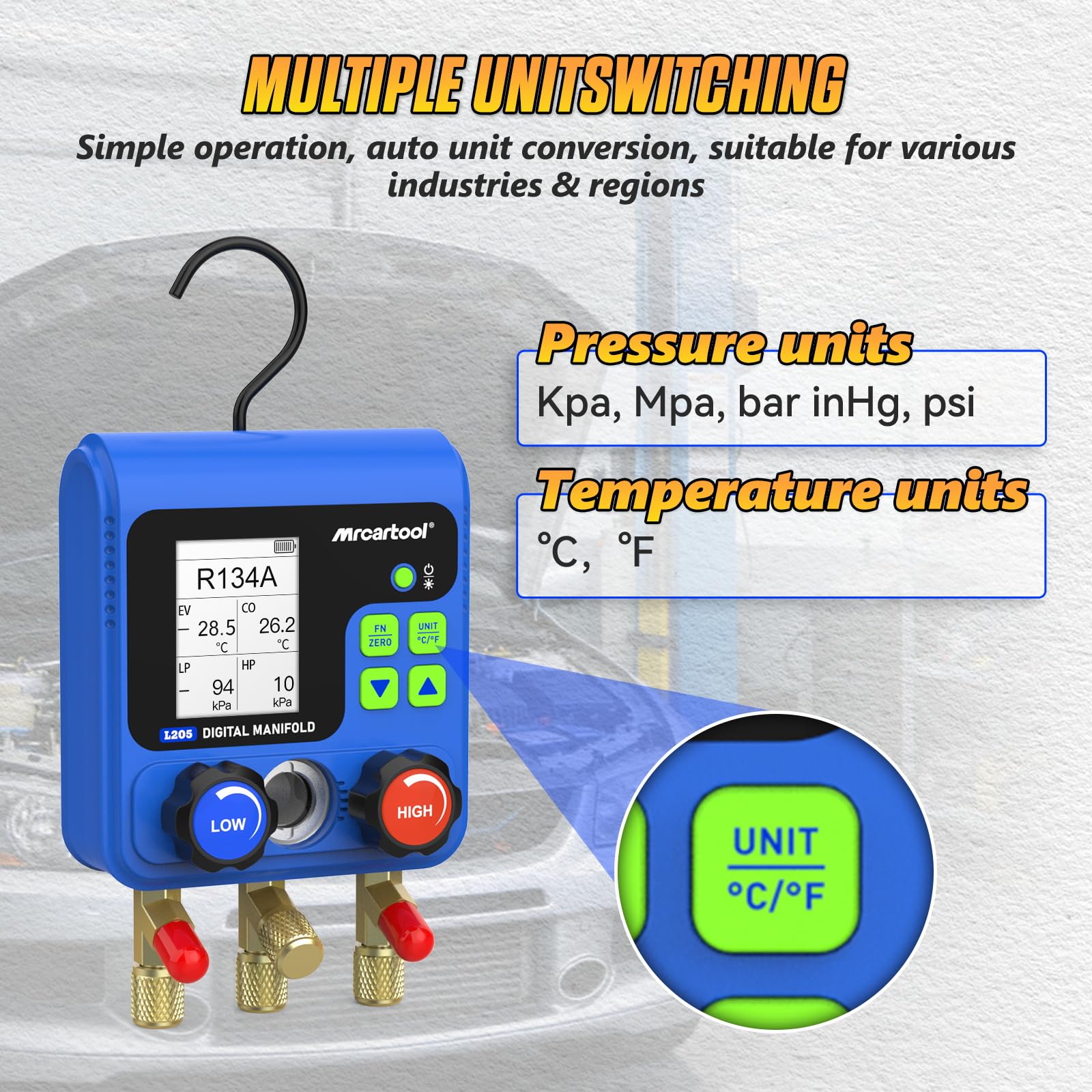 Kältemittel Monteurhilfe，Digitale Verteiler Klimaanlage mit 92 Kältemitteln Daten Digital Monteurhilfe Kältemittelanzeige，L205 HVAC Kältemittel Messgerät R32 R134A R12 R410A R11