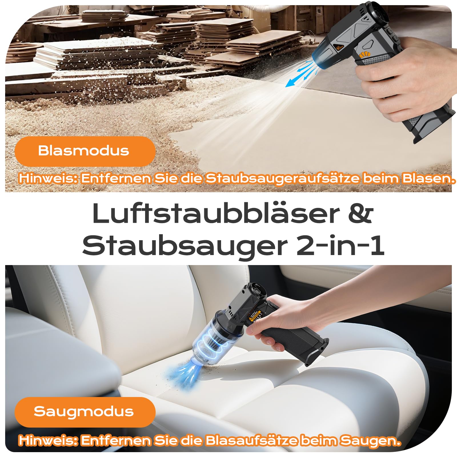 SEANCHEER 2-in-1 Elektrische Staubgebläse & Mini Staubsauger, 180000 U/min Stufenlose Drehzahlregelung Compressed Air Duster, 8000mAh Akku, für PC/Sofa/Auto. (Schwarz - mit Staubsauger)