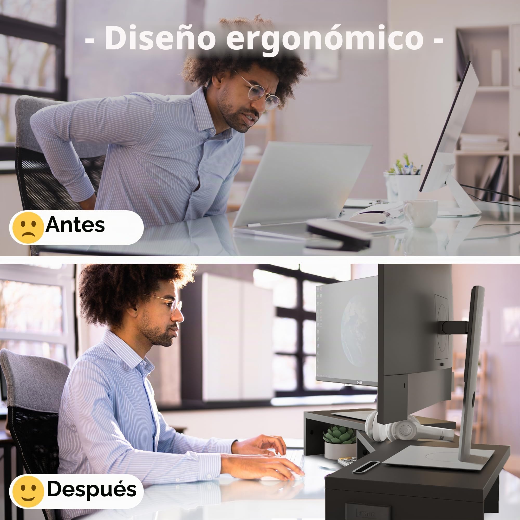 BONTEC Elevador Monitor de Madera para Doble Monitor, Soporte Giratorio Ajustable con Soporte para Smartphone
