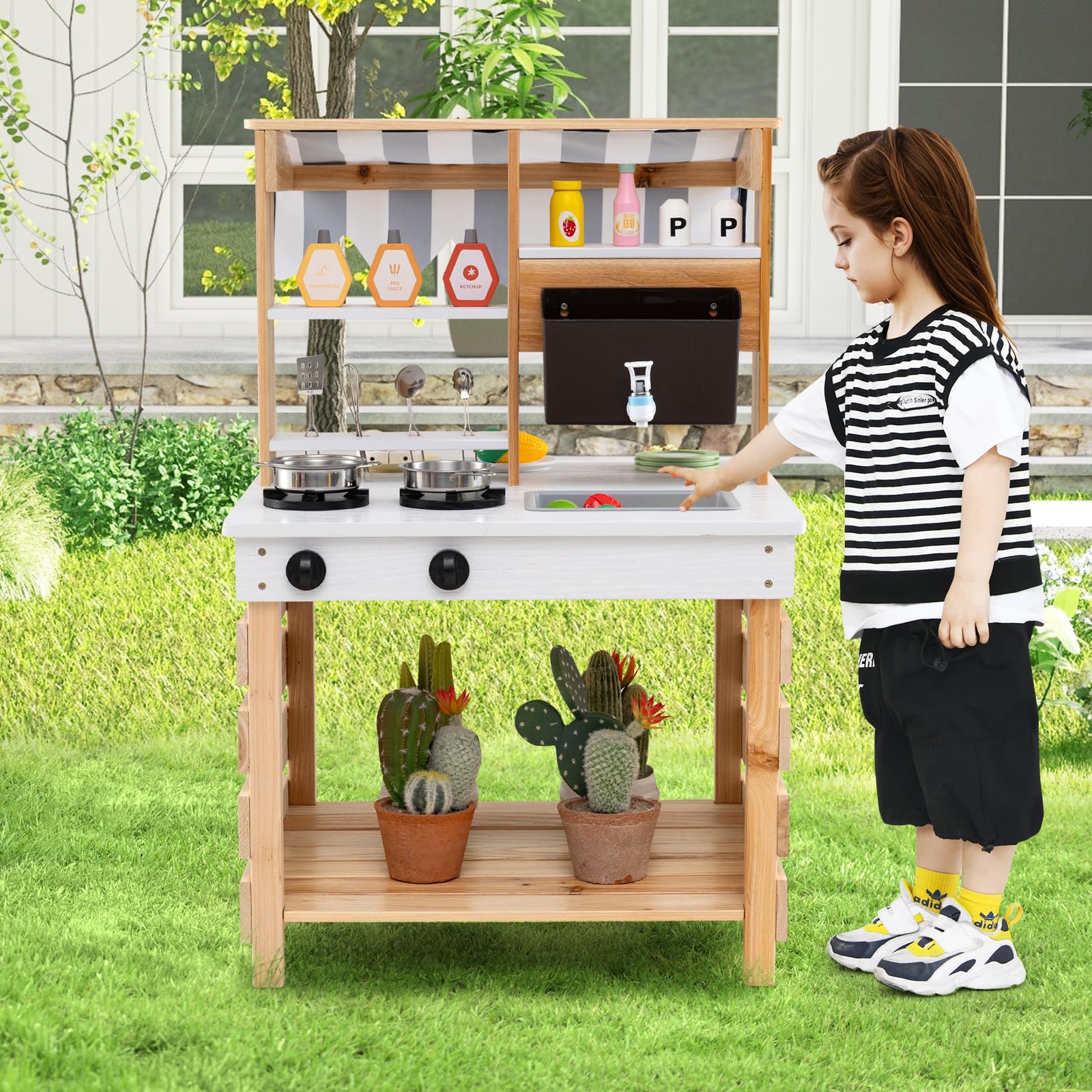 FANTASK Kinder Schlammküche, Matschküche Outdoor aus Tannenholz mit Dach & 6 Zubehör, Kinderküche mit abnehmbarem Waschbecken & Wassertank & Herd, Outdoorküche für Kinder ab 3 Jahren (Natur)