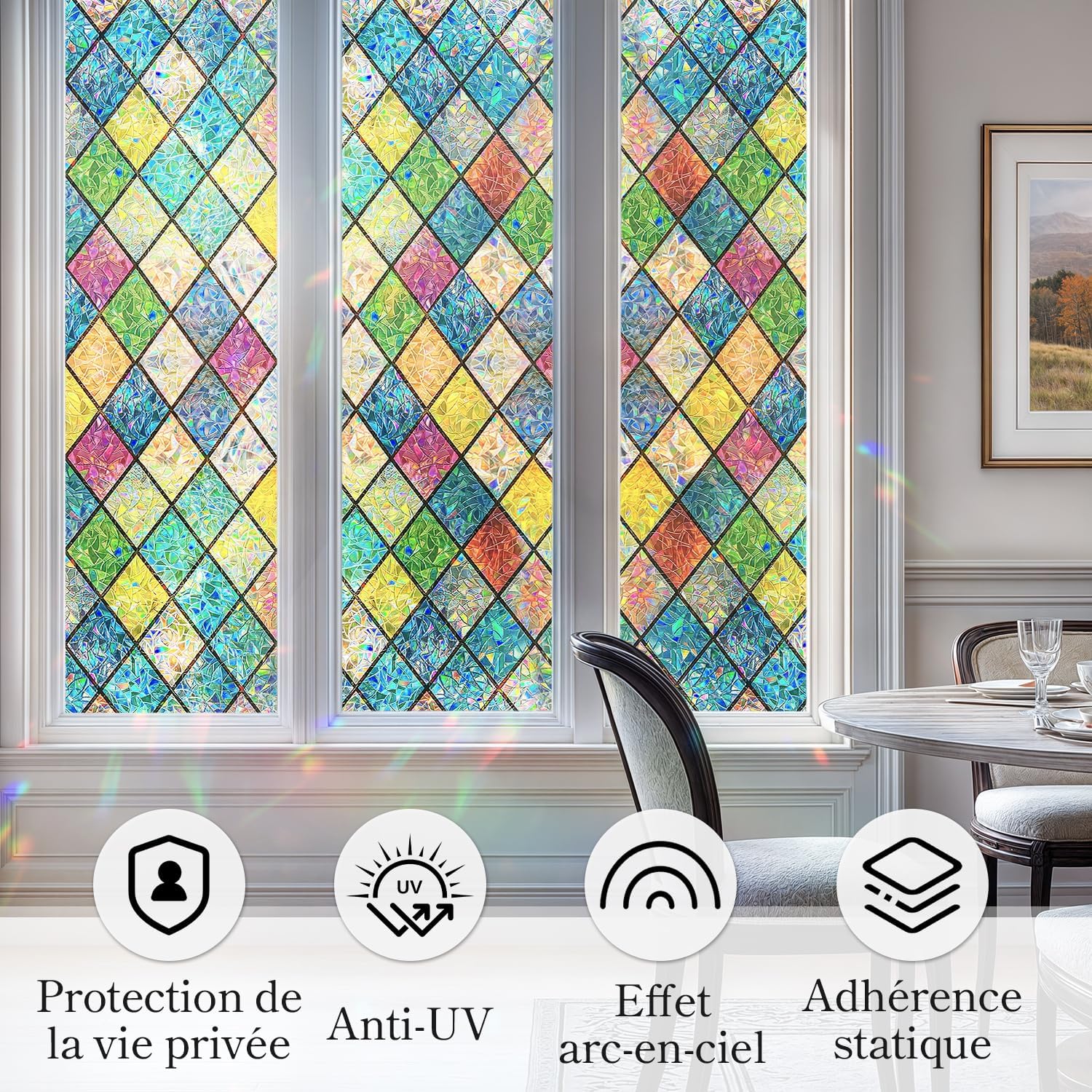 Qualsen Film Fenetre Anti Regard Effet Arc-en-Ciel 90 x 200cm, Film Electrostatique Vitre Motif en Losanges Anti UV Non Adhesif Films Vitrail Décoratif Brise Vue Fenetre pour Chambre Cuisine