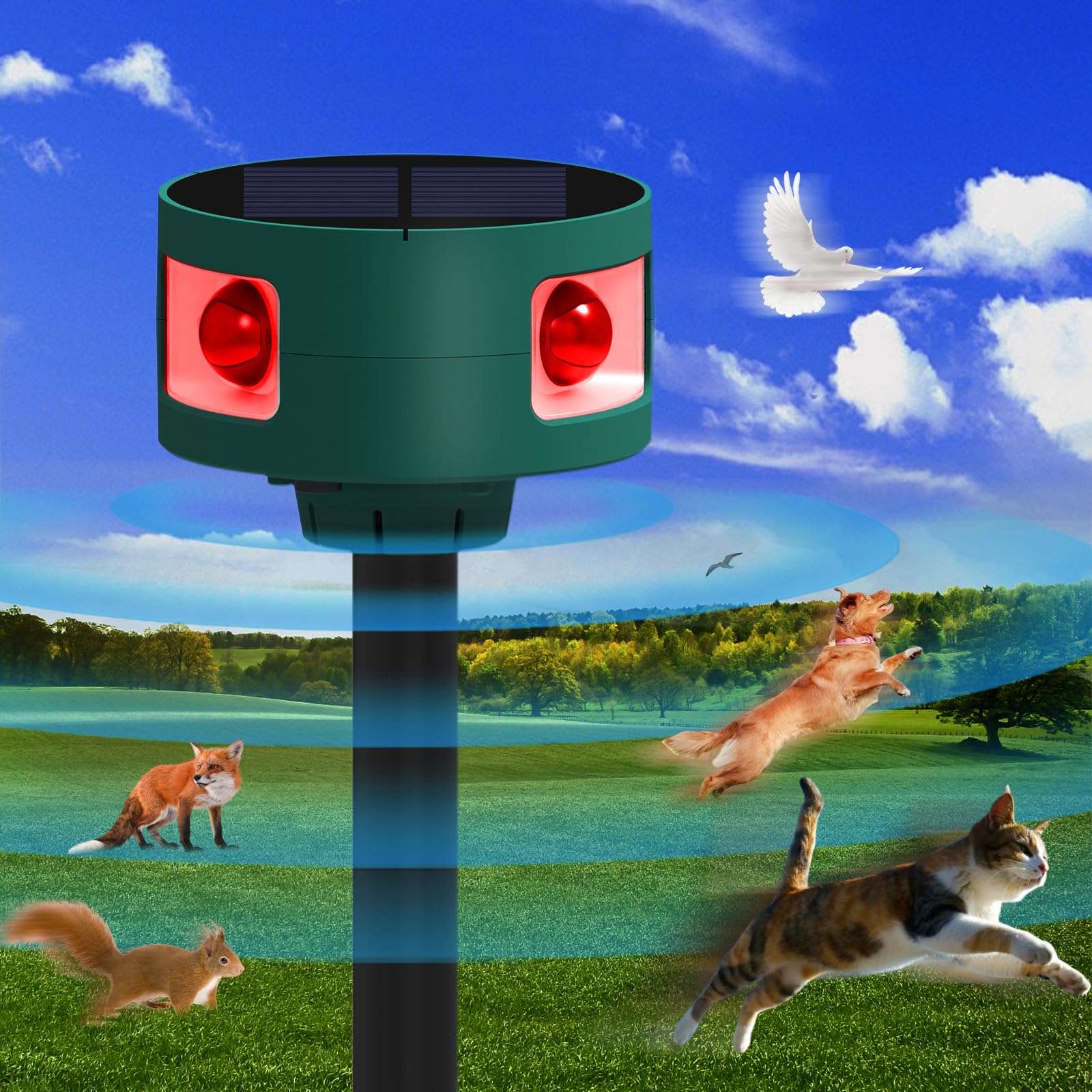 Ultraschall Katzenschreck Mit Solar & USB-Ladung – 4 Modi, 129 DB, Wasserdicht IP55 – Vertreibt Katzen, Vögel, Mäuse Aus Garten & Hof