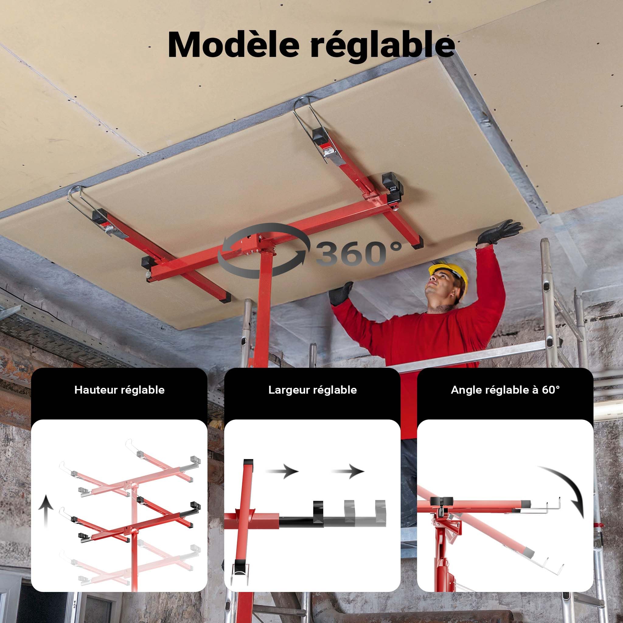 Wiltec Lève-panneaux, lève-plaques de plâtre XXL rouge – capacité de charge max. 68 kg – Hauteur 140-350 cm – Largeur max. 290 cm – 3 Roues - Aide au montage Construction