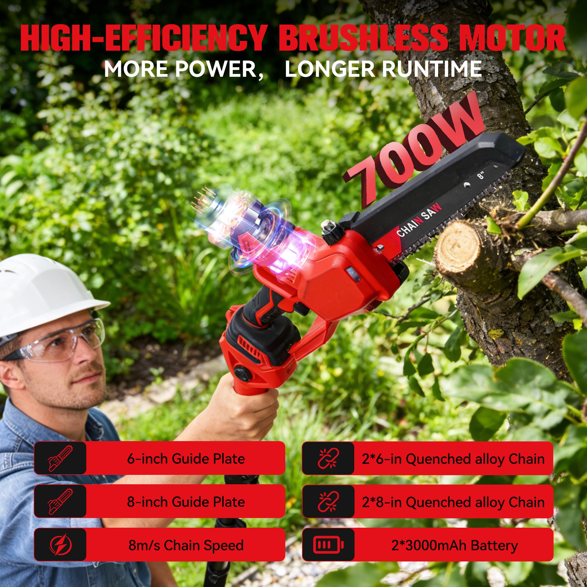 ONEVAN Motosierra Telescópica a Batería 4 en 1, Motor Brushless 700W, Podadora de Altura con Espada de 8" y 6", Pértiga Extensible 2,5m, Cabezal Giratorio 180°, 2 Baterías 3,0Ah, para Jardín y Poda
