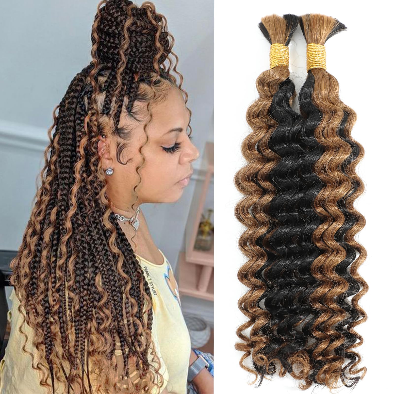xccocoBulk Human Braiding Hair for Boho Braids No Weft Curly Human Hair Braiding Hair 2 Bunlde 100G Deep Wave Bulk Human Hair for Braiding Brown Highlight Mirco Braiding Hair Human Hair,18inch P1b/30