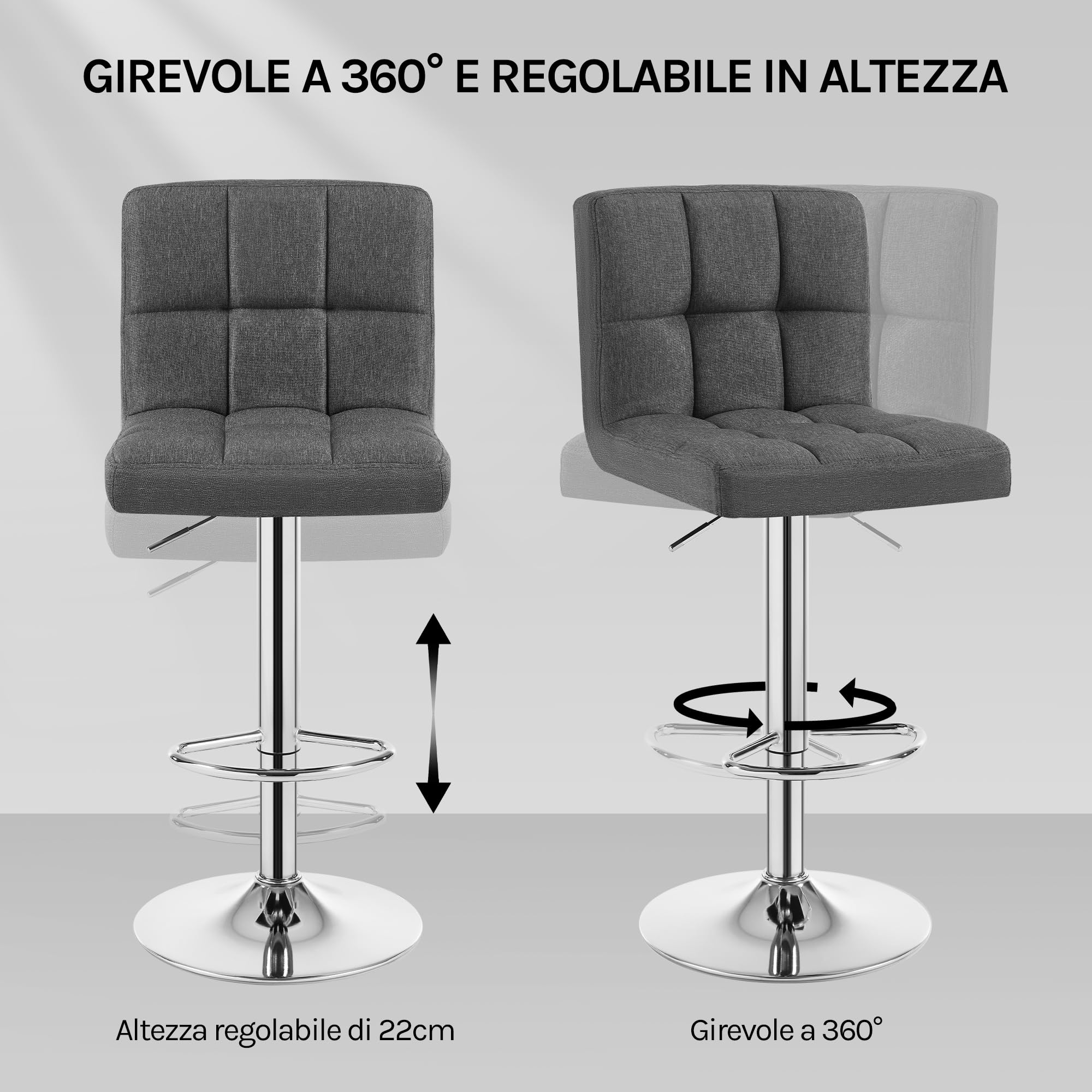 WOLTU Sgabello bar, con Schienale, Regolabile, Lino, Grigio Scuro
