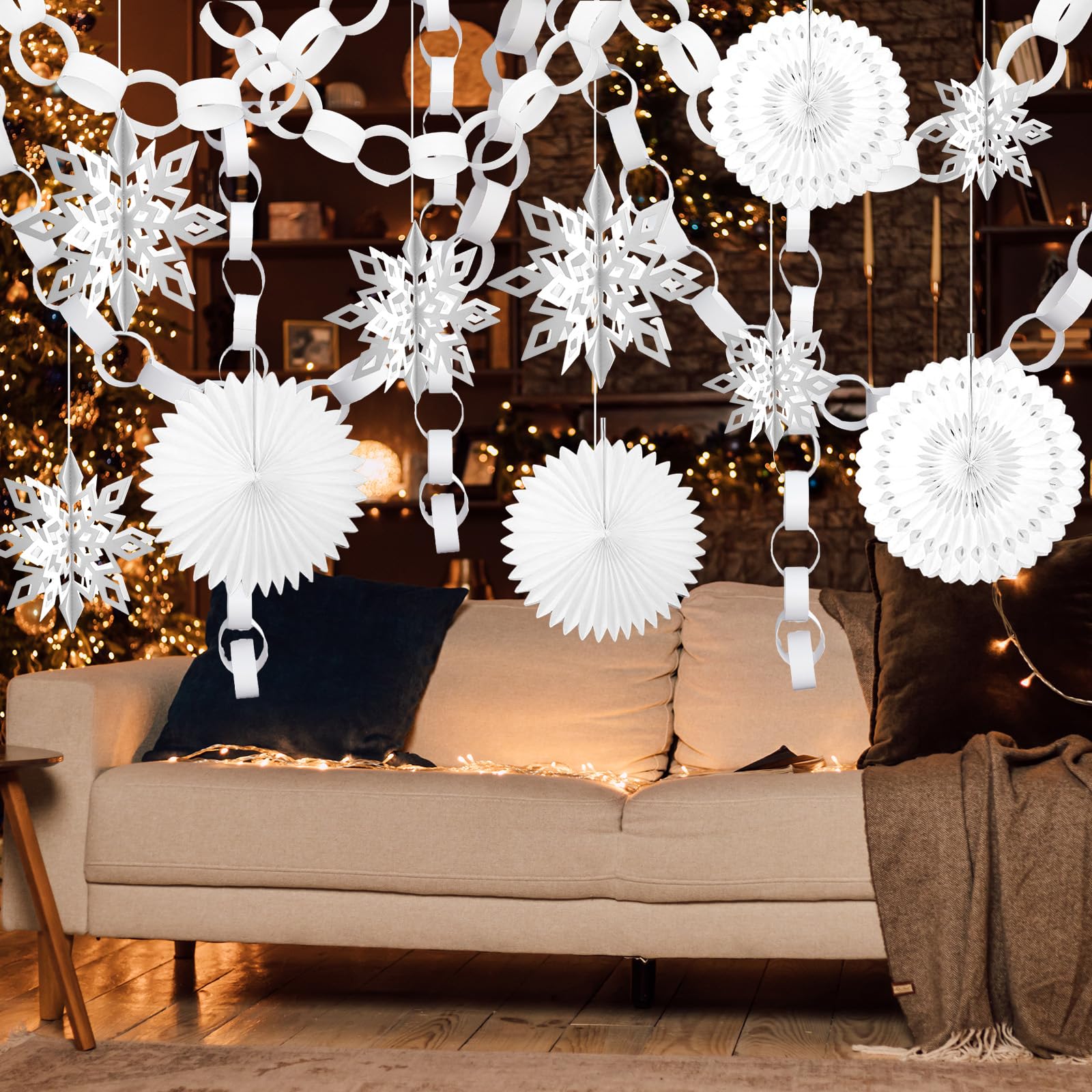 Décoration de Noël blanc pour plafond nu : lot 310 pièces résolvant le manque de volume
