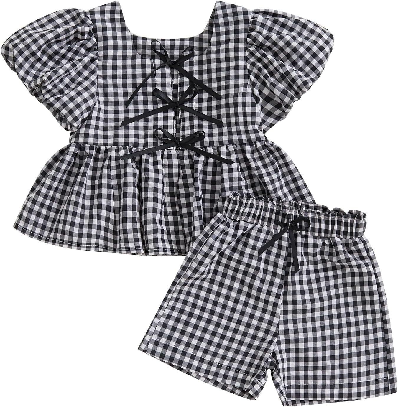Toddler Girl Clothes Set Ruffle Sleeve Hem Top Cardigan Elastic Waist Shorts Plaid Printed Summer 2Pcs Outfits