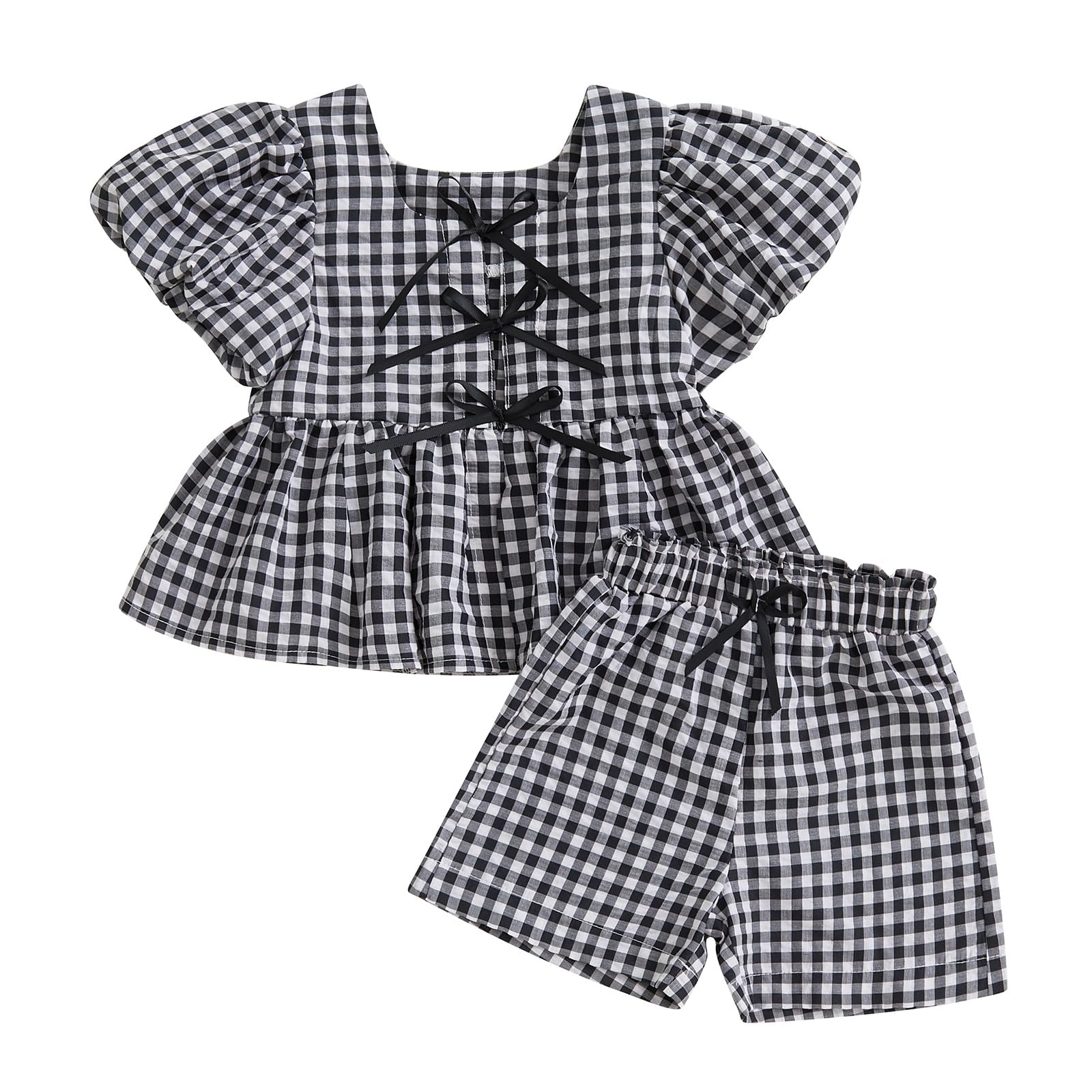 Gaono Toddler Baby Girl Summer Clothes Cute Puff Short Sleeve Tie Fron Ruffle Tops And Shorts Sets 2 Piece Plaid Outfit (A-Black, 12-18 Months)