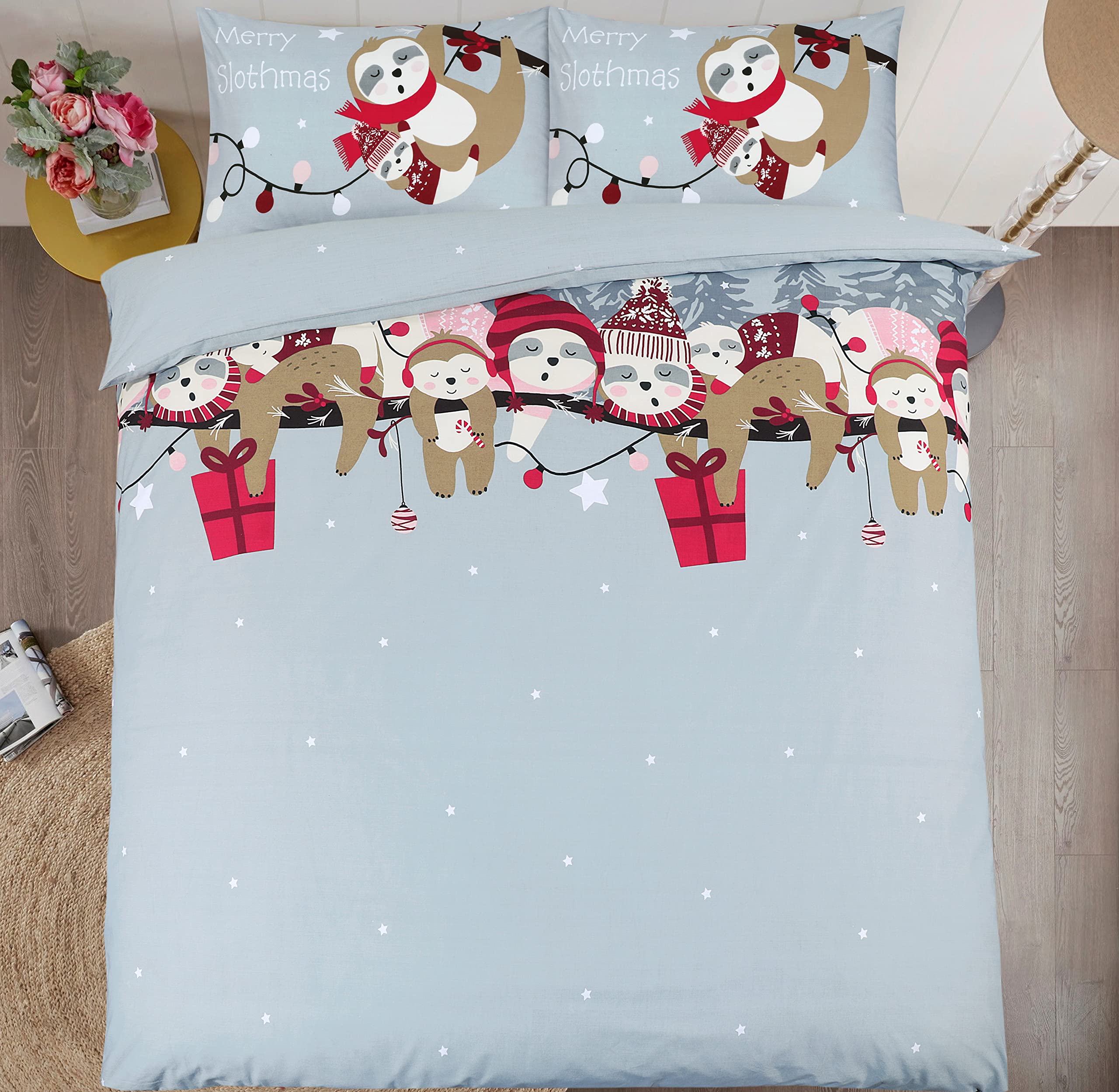 Charlotte Andersen Red, Blue, Grey, Green Merry Slothmas Christmas Sloths Single Xmas Grey Red Blue Festive Duvet Cover Bedding Set With Pillowcase (Merry Slothmas, Single)