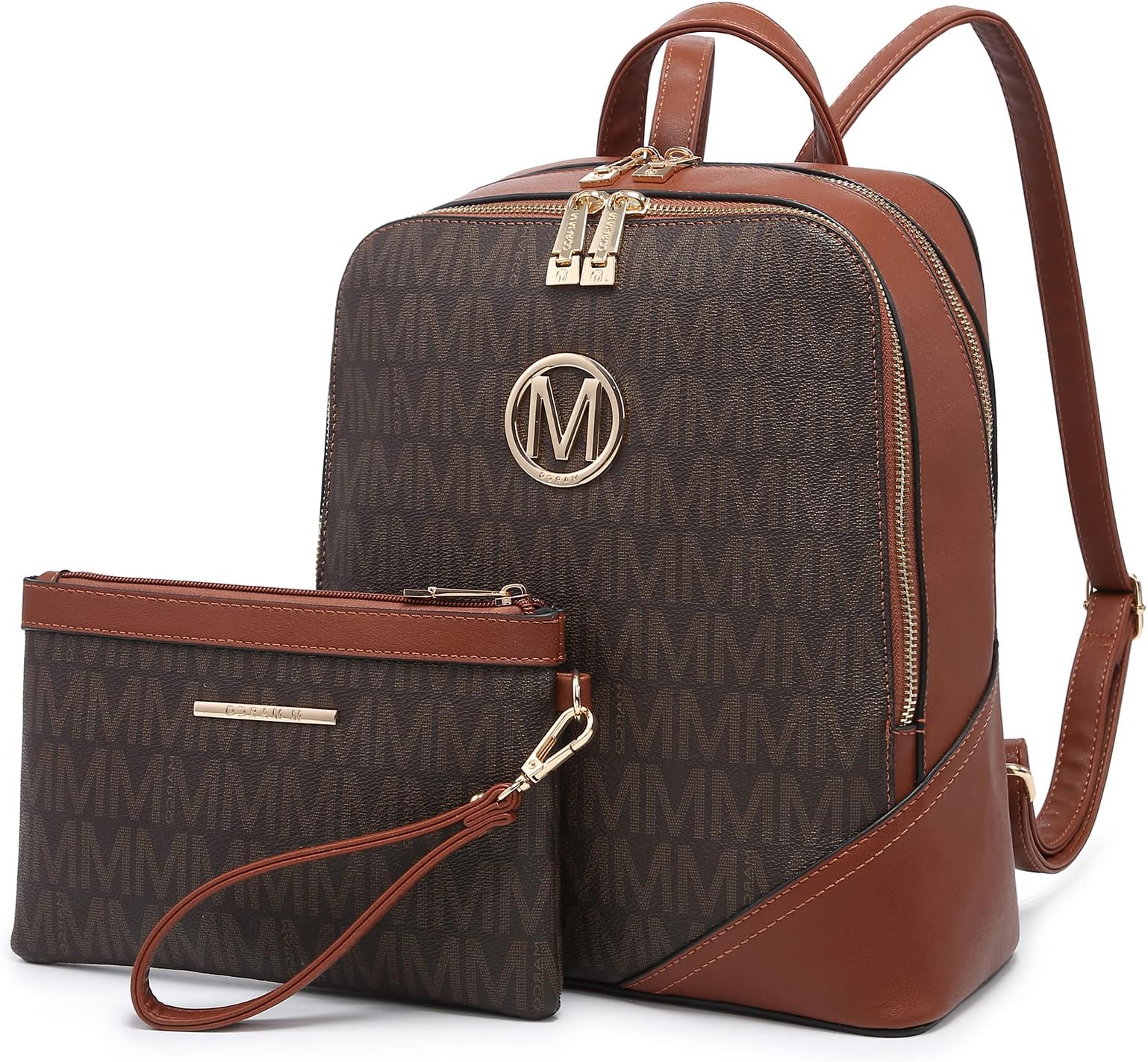 MKP Women Fashion Double Zipper Medium Backpack Purse PU Leather Ladies Travel Shoulder Bag Set 2Pcs
