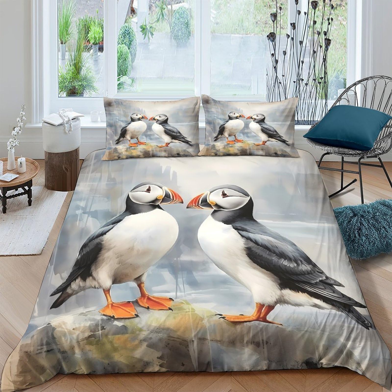 GPLZQXKJNH 3D Printed Puffin Pair Duvet Cover Microfiber Soft Breathable Seaside Cliff Bedding Set with 2 Pillowcases for Bedroom Decor Single（135x200cm）