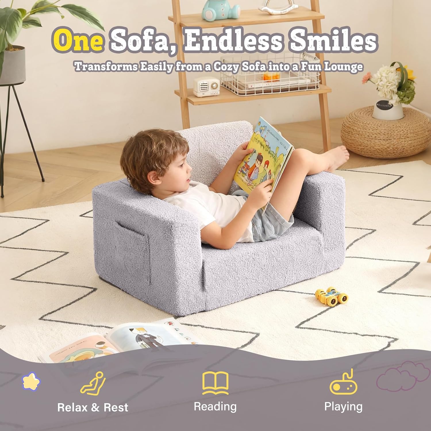 Welnow Toddler Chair, 2-in-1 Soft Sherpa Kids Sofa, Convertible Toddler Couch Lounger, Flip Out Kids Couch Chair with Side Pockets & Removable Cover for Girls and Boys, Grey