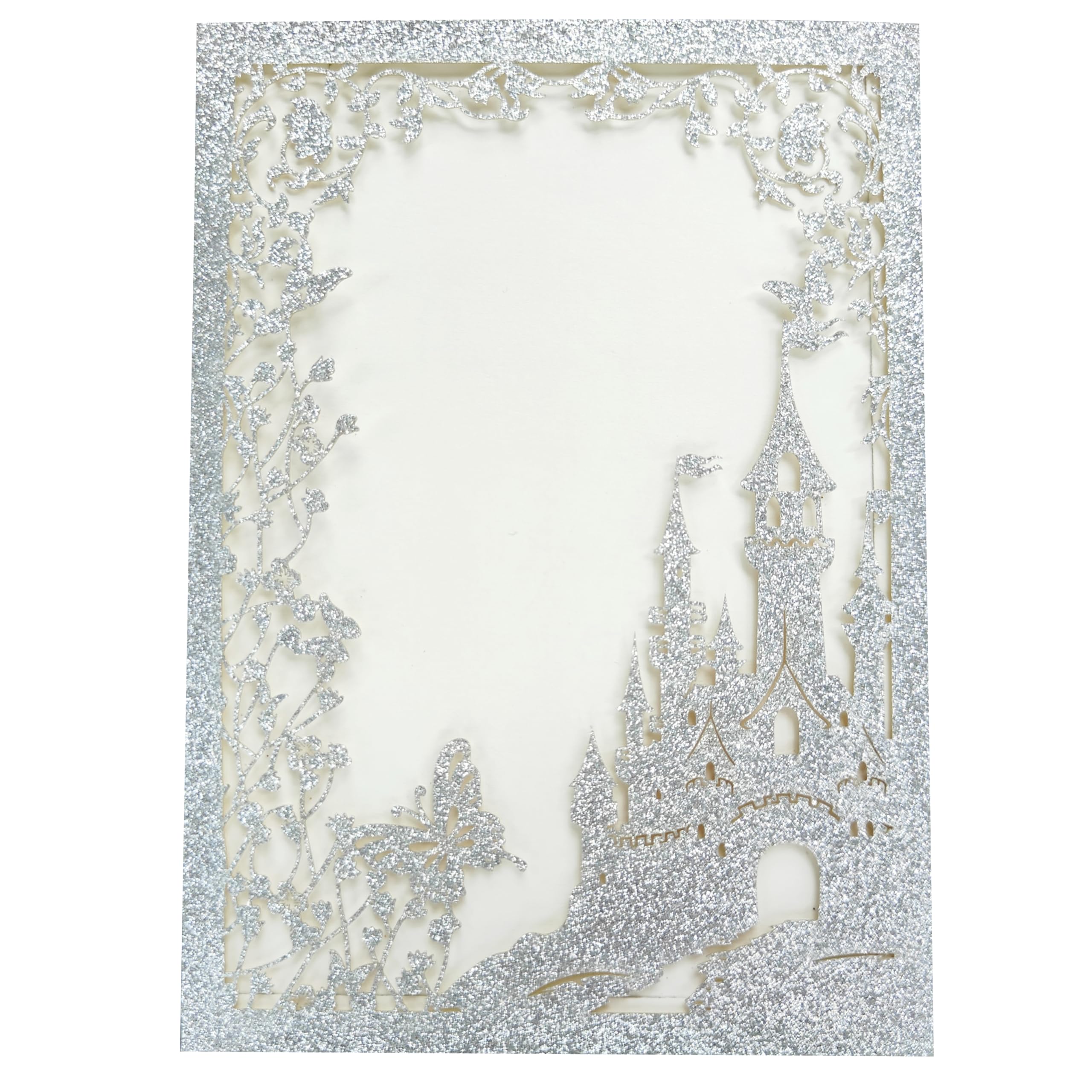 JOACHUUY 20PCS Castle Pocket Invitations, Quinceanera Invitations with Envelopes, Princess Invitation, Laser Cut quince invites (glitter silver)