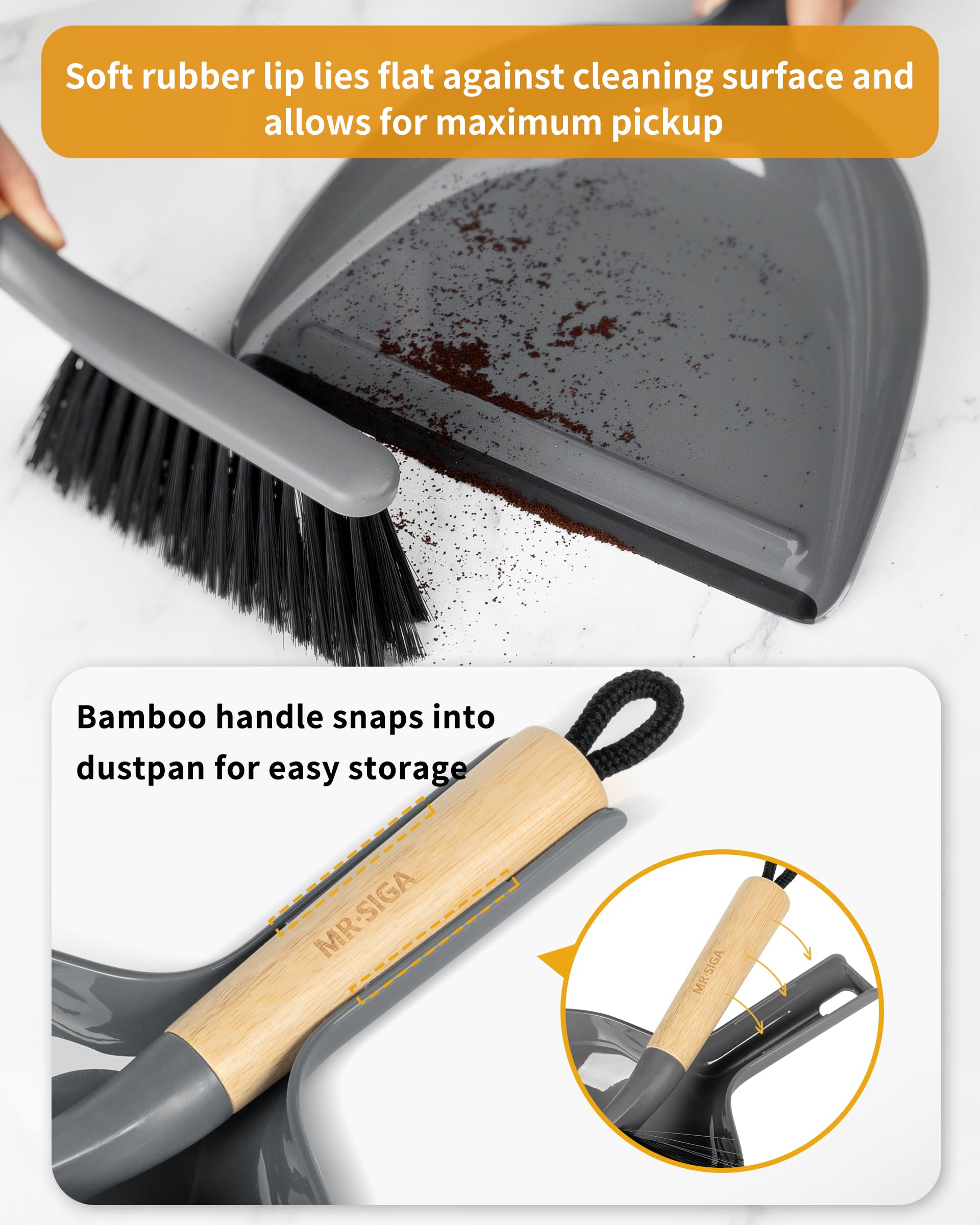 MR.SIGA Juego de Recogedor y Cepillo, Combo de Cepillo y Recogedor Portátil con Mango de Bambú, Gris, 1 Juego