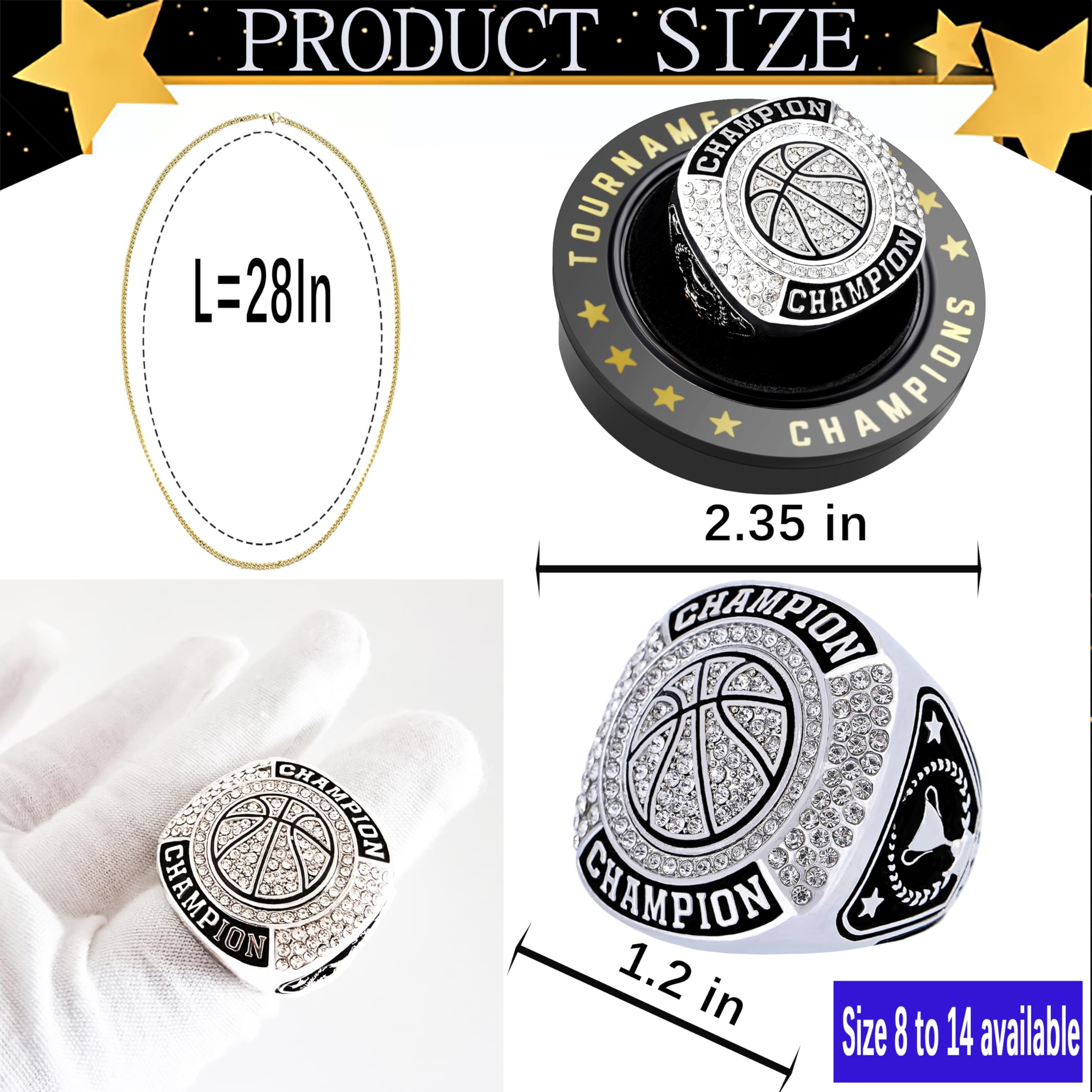Basketball-Meisterschaftsring, Basketballring, Sportball-Trophäe, Auszeichnung, Geschenk mit Display-Hals-Kette und Ständer, für Turnier- oder Liga-Champion-Gewinner, 12 Stück