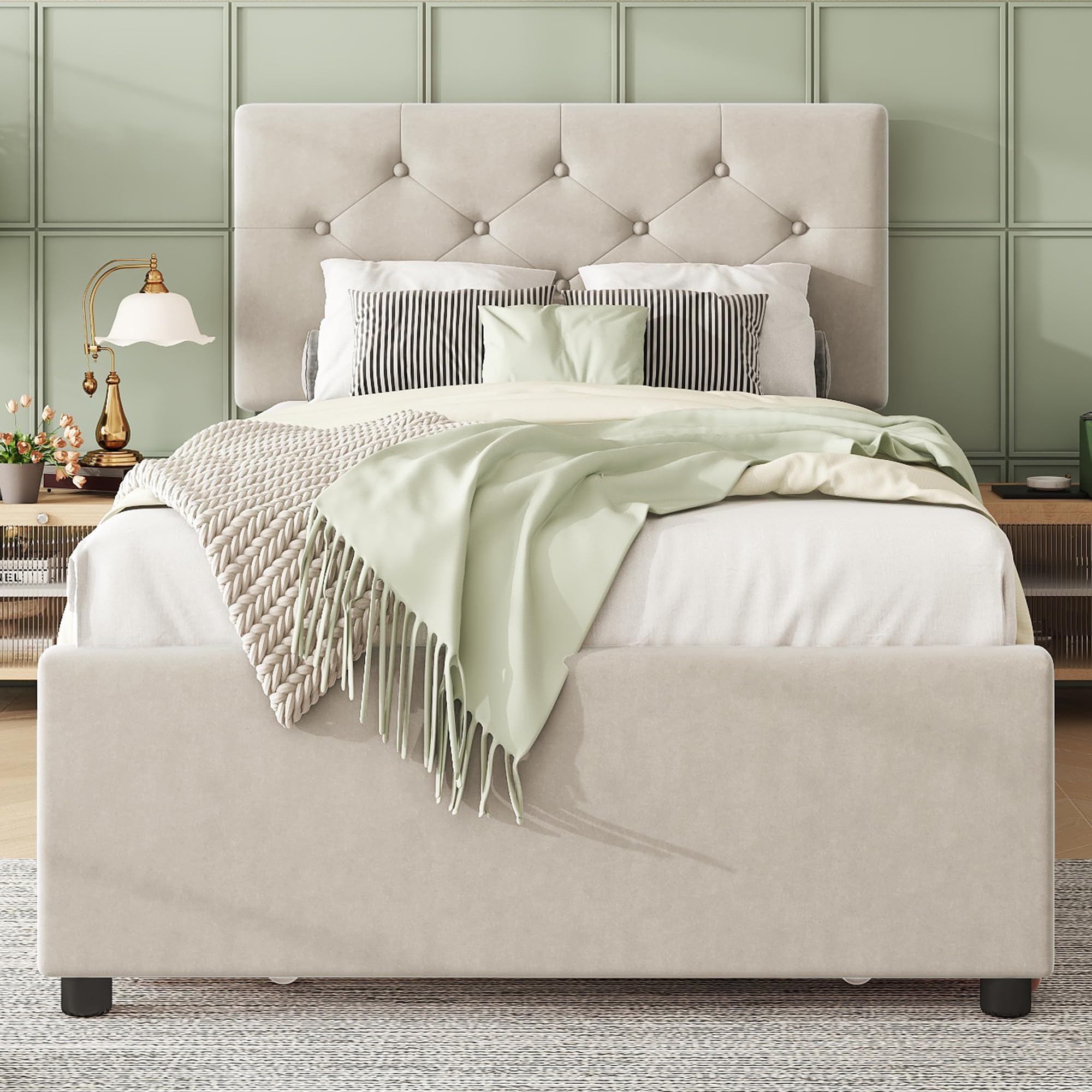 Soweiz Letto imbottito, letto con rete a doghe (senza materasso), letto con contenitore arrotolabile, velluto, minimalista, 90 x 200 cm (beige)