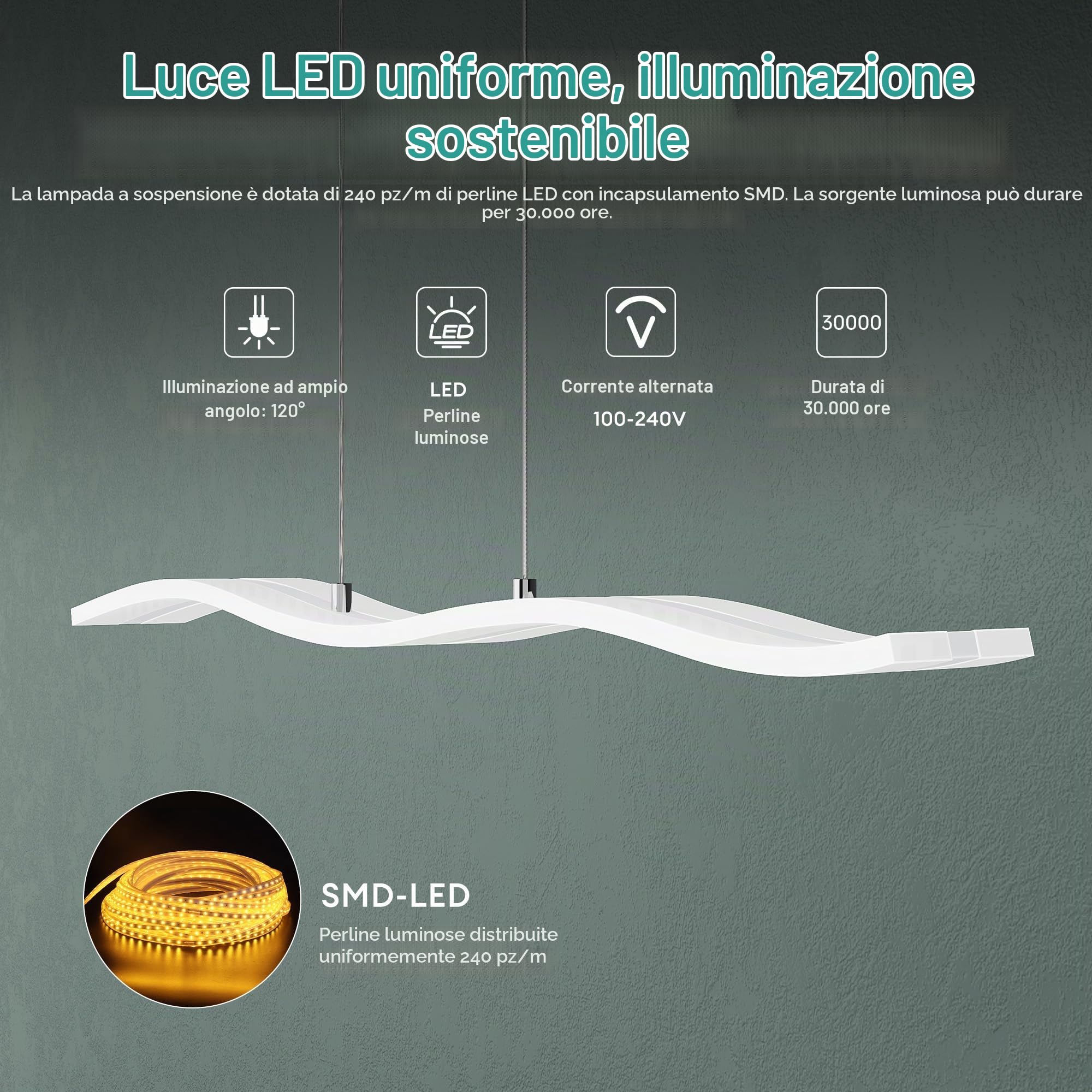Mai & Mai Lampadario Sospensione 36W, 97 CM, Lunghezza Filo 150 CM, Bianco | Metallo Base, Altezza regolabile, Lampada da Soffitto a Sospensione per Camera da Letto, Cucina e Soggiorno, Bianco, Alivetta