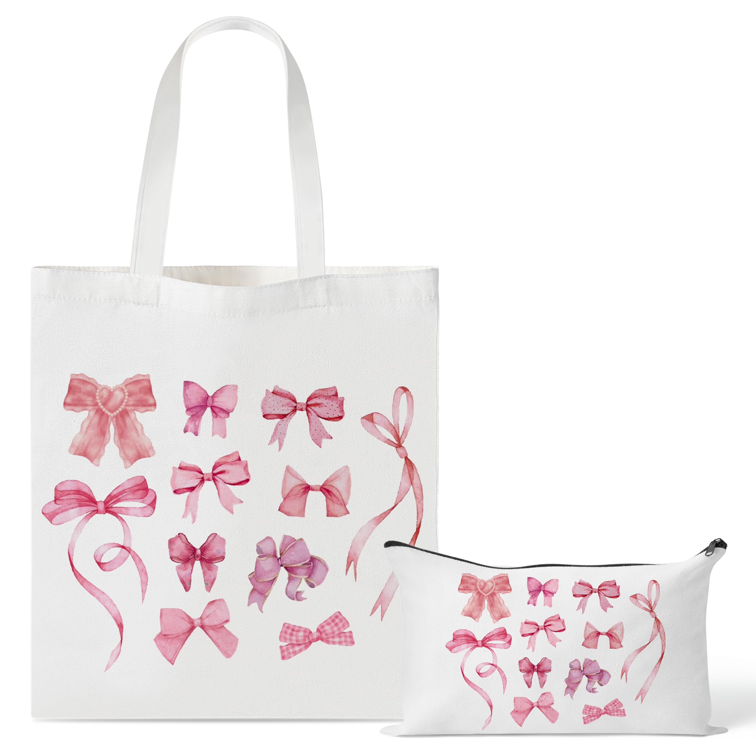 Y1tvei Pink Bows Tote Bag - 2Pcs Coquette Pink Bow Ribbon Tote Bag Set, Preppy Aesthetic Bow Canvas Makeup Bags, Reusable Grocery Folding Shopping